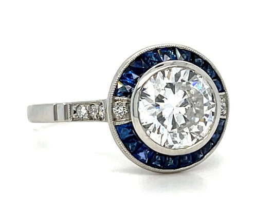1.53ct Round Brilliant D SI2 Diamond .90ct Sapphire Platinum Handmade Ring 4.20g