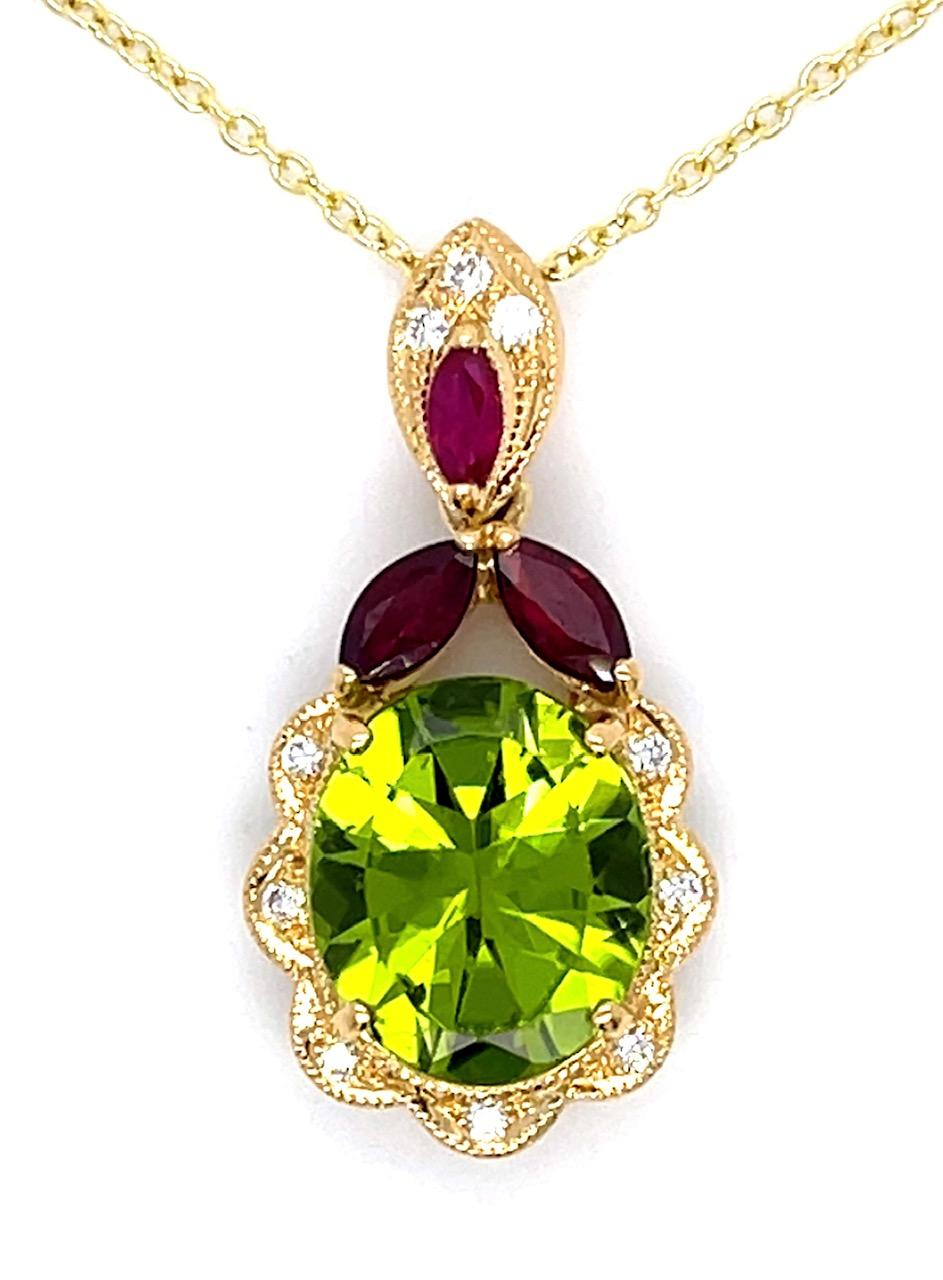 4.08ct Peridot .79ct Ruby 18KY Pendant .12ct Diamond 5.60g 14KY Chain 16"