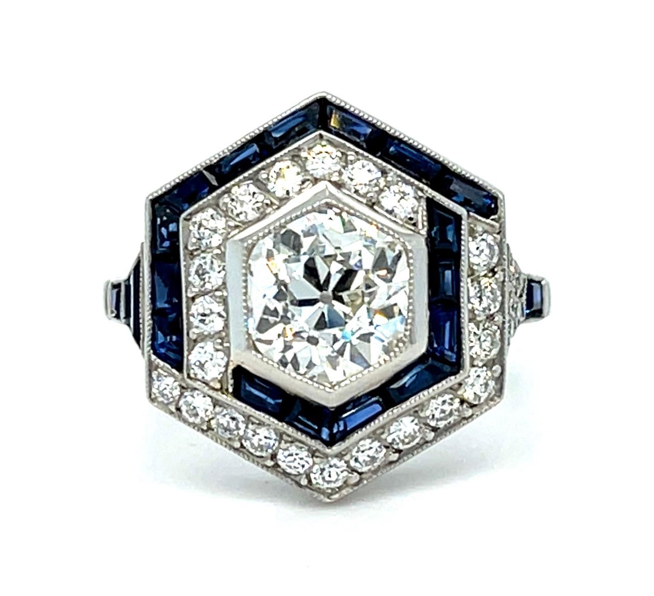 1.54ct Old Mine Diamond 1.60ct Sapphire Platinum Handmade Ring .70ct SD 7.40g