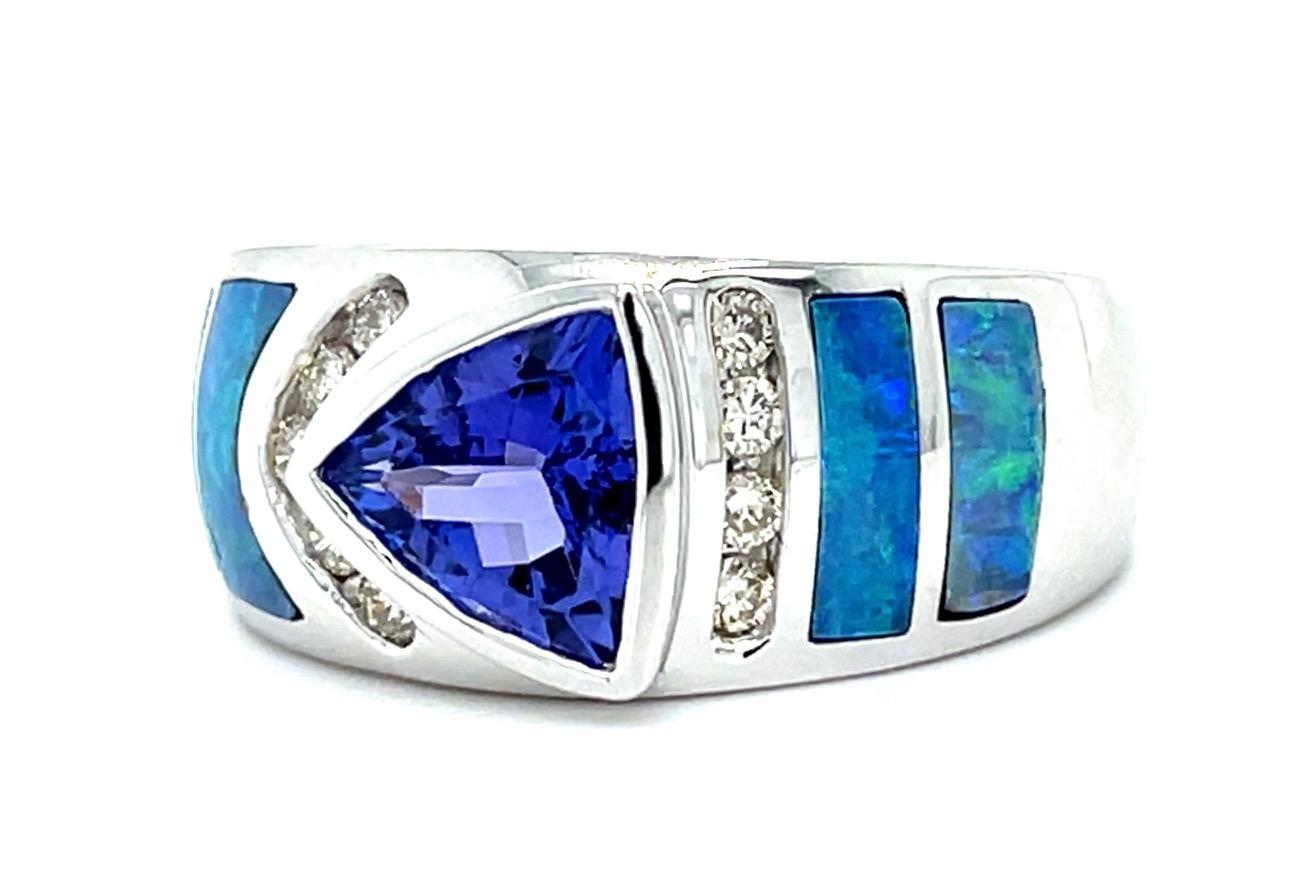 1.40ct Trillion Tanzanite Inlaid Opal .26ct Diamond 14KW Ring 12.38g 6.50 Size