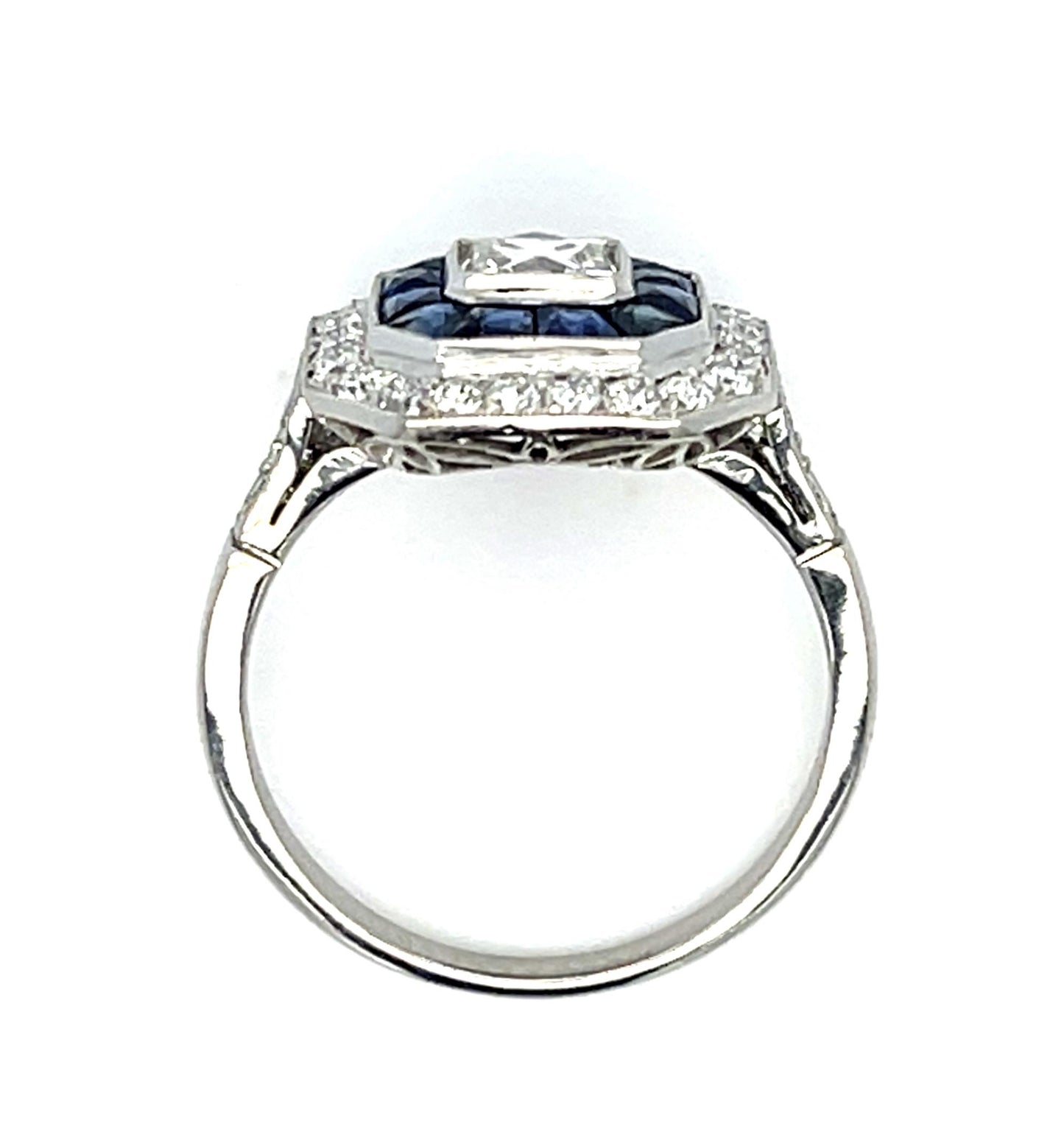 .56ct Square French Cut Diamond 1.28ct Sapphire .53ct SD Platinum Ring 4.73g 6.5