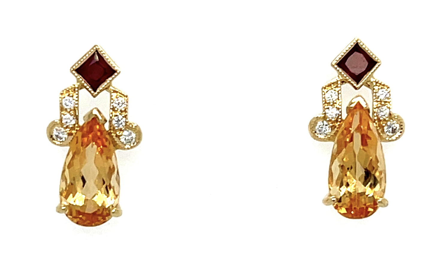 3.70ct Imperial Topaz .13ct Dia .34ct Ruby 18KY Earrings 4.30g .75"