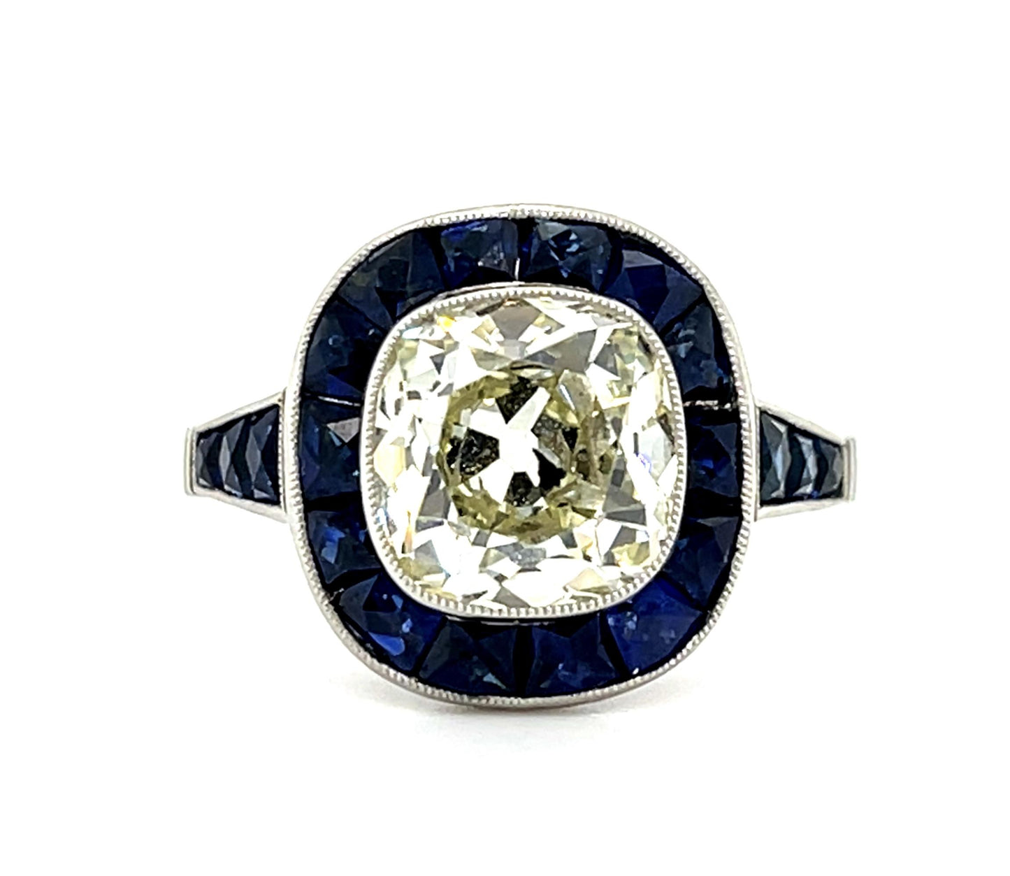 3.01ct K SI3 EGL Old European Cut Diamond 2.30ct Sapphire Platinum Handmade Ring