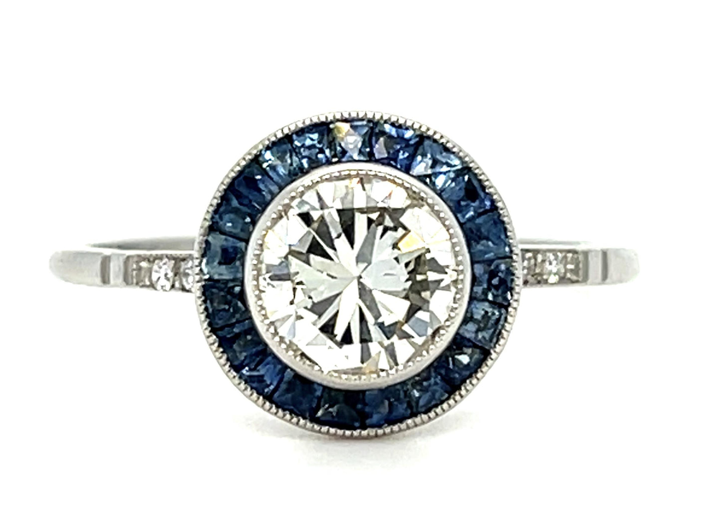 .84ct Round Brilliant Diamond .70ct Sapphire Platinum Handmade Ring 2.70g 7 Size