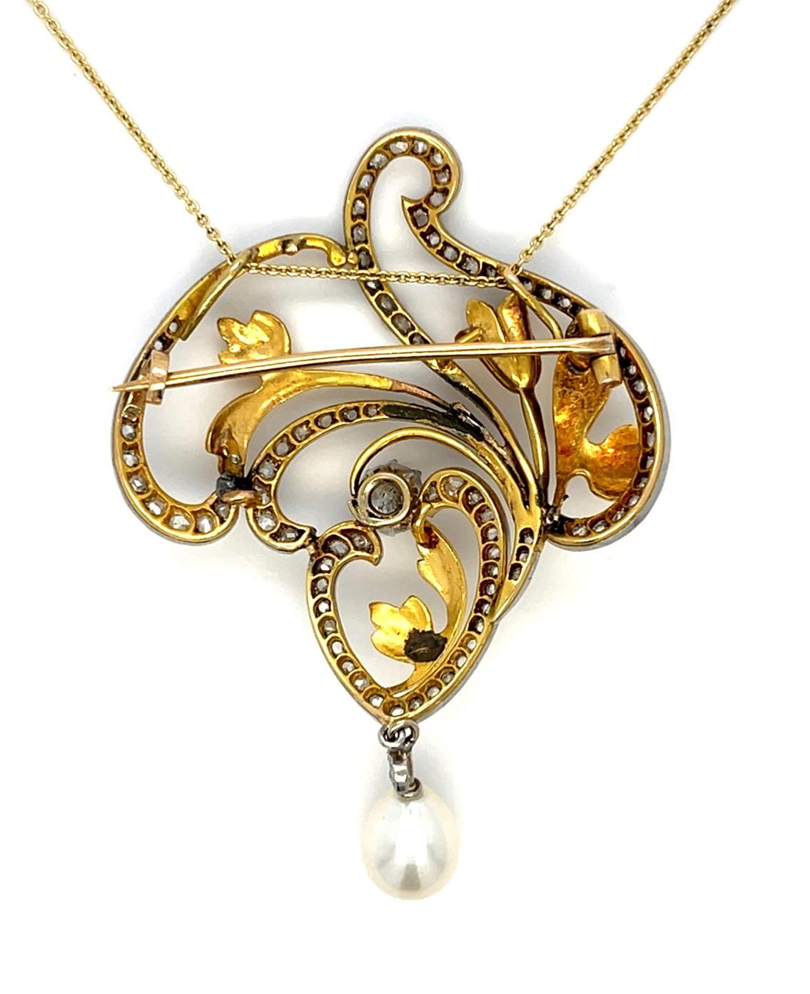 Art Nouveau 1.50ct Diamond Rose-cut PT/18K Antique Pendant/brooch (1900s)