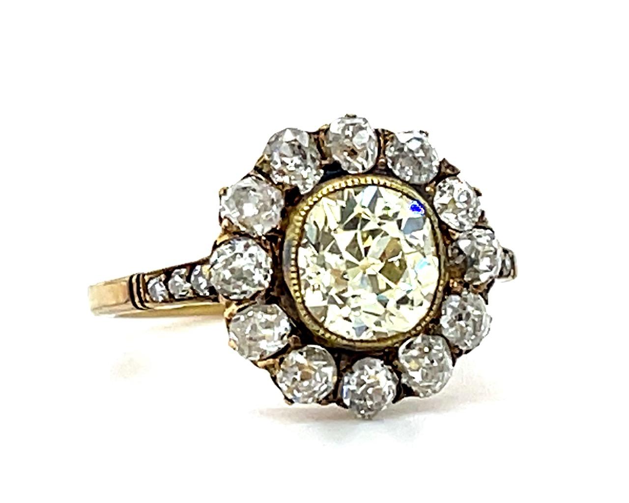 1.40ct Light Fancy Yellow Old European Cut Diamond 1.28ct SD 18KY Handmade Ring