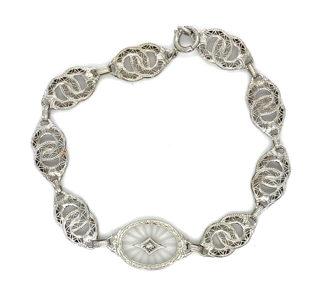 Original Art Deco Quartz .04ct Diamond 6.39g 7.50" 14KW Bracelet (Antique 1930s)