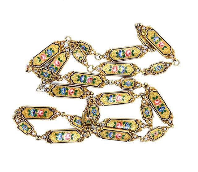 Original Victorian Painted Flower Enamel 15K English Necklace! (Antique 1860s)
