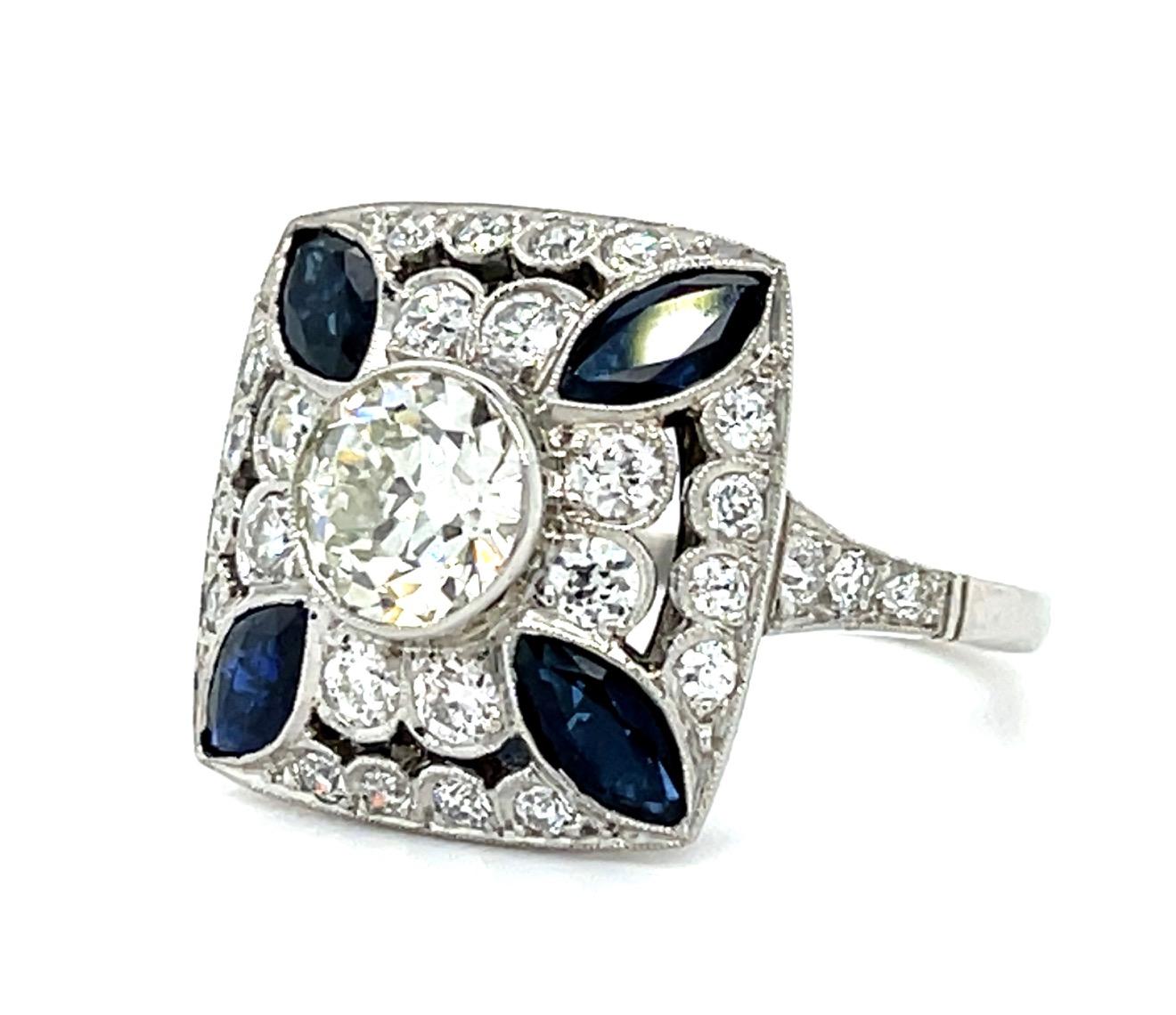 .97ct Old European Diamond 1ct Sapphire Platinum Handmade Ring 1ct SD 6.80g