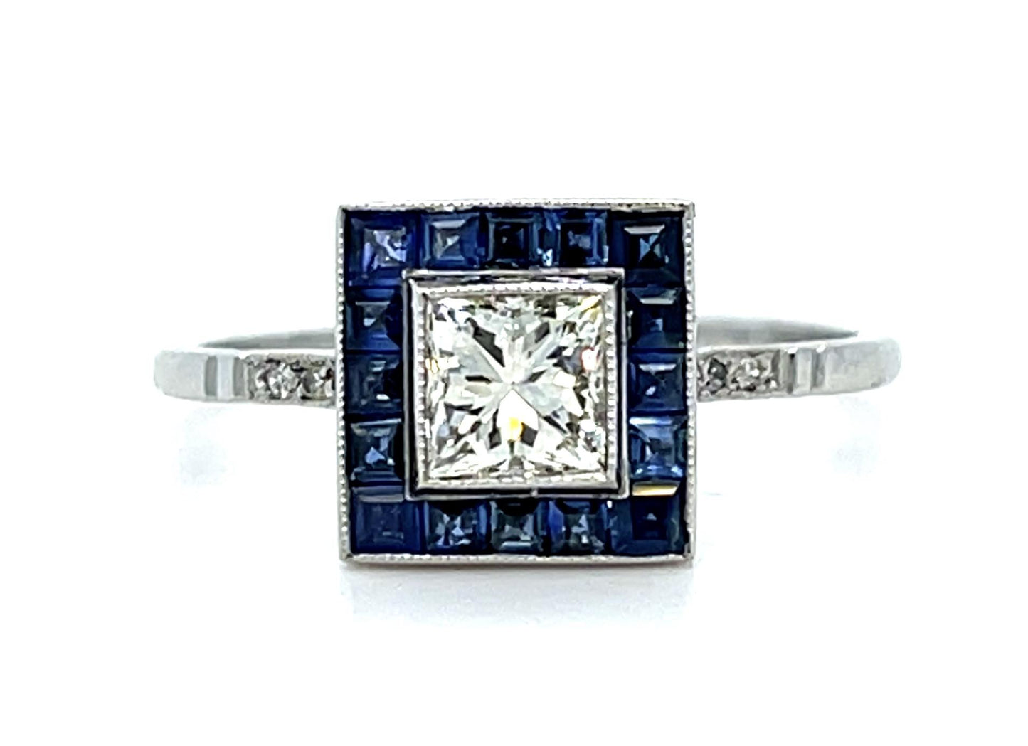 .51ct Princess Diamond .68ct Sapphire Platinum Handmade Ring 2.70g 6.75 Size
