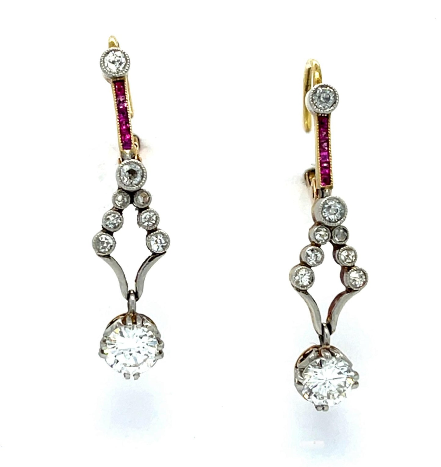 Original .90ct Round Brilliant Platinum+18KY Handmade Drop Earrings 1940s