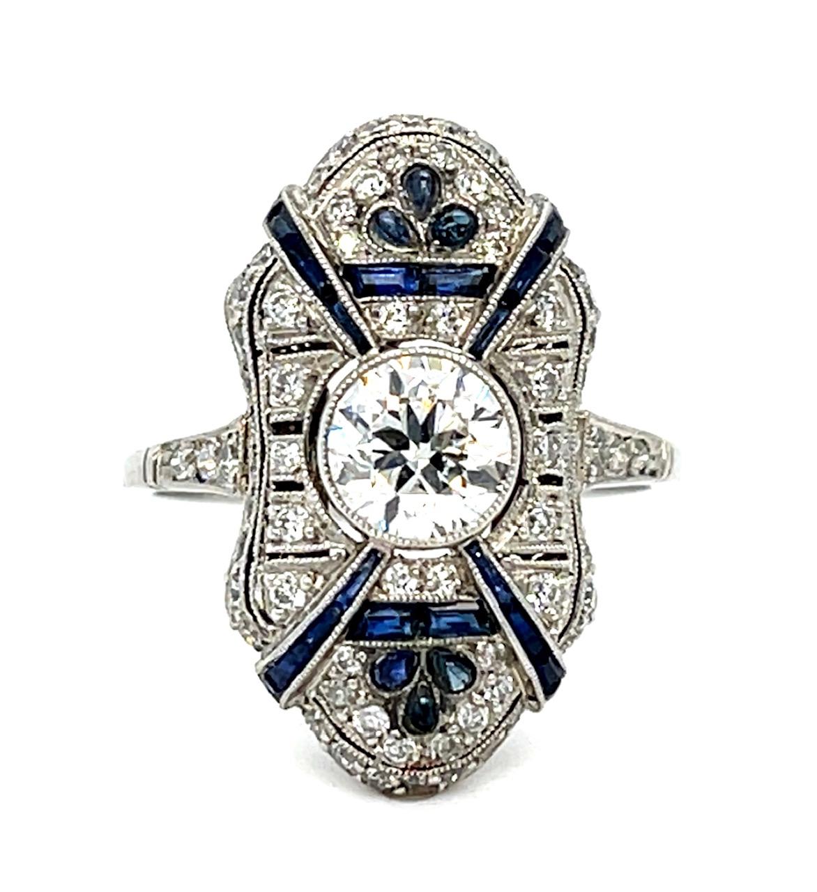 .71ct European Diamond .74ct Sapphire Platinum Handmade Inspired Ring 5.20g 6.75