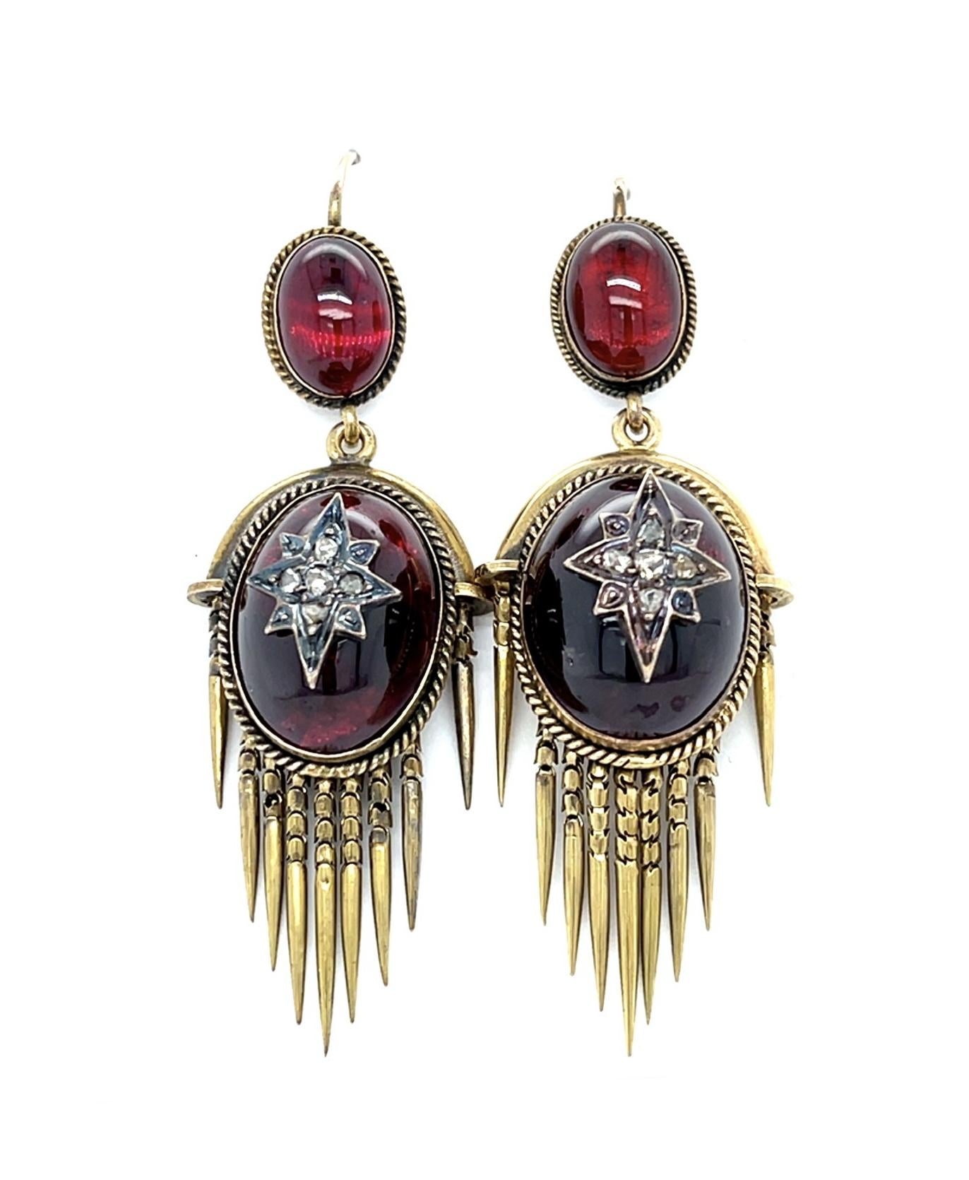 Original Victorian 34ct Garnet .40ct Diamond Earrings (Antique 1870s) 15.25g