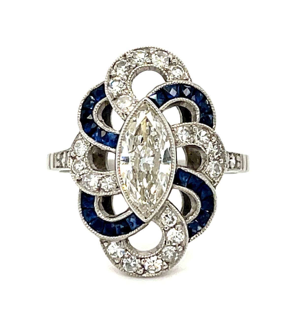 .72ct Marquise Diamond 1.30ct Sapphire Platinum Handmade Ring 1ct SD 6.20g 7.25