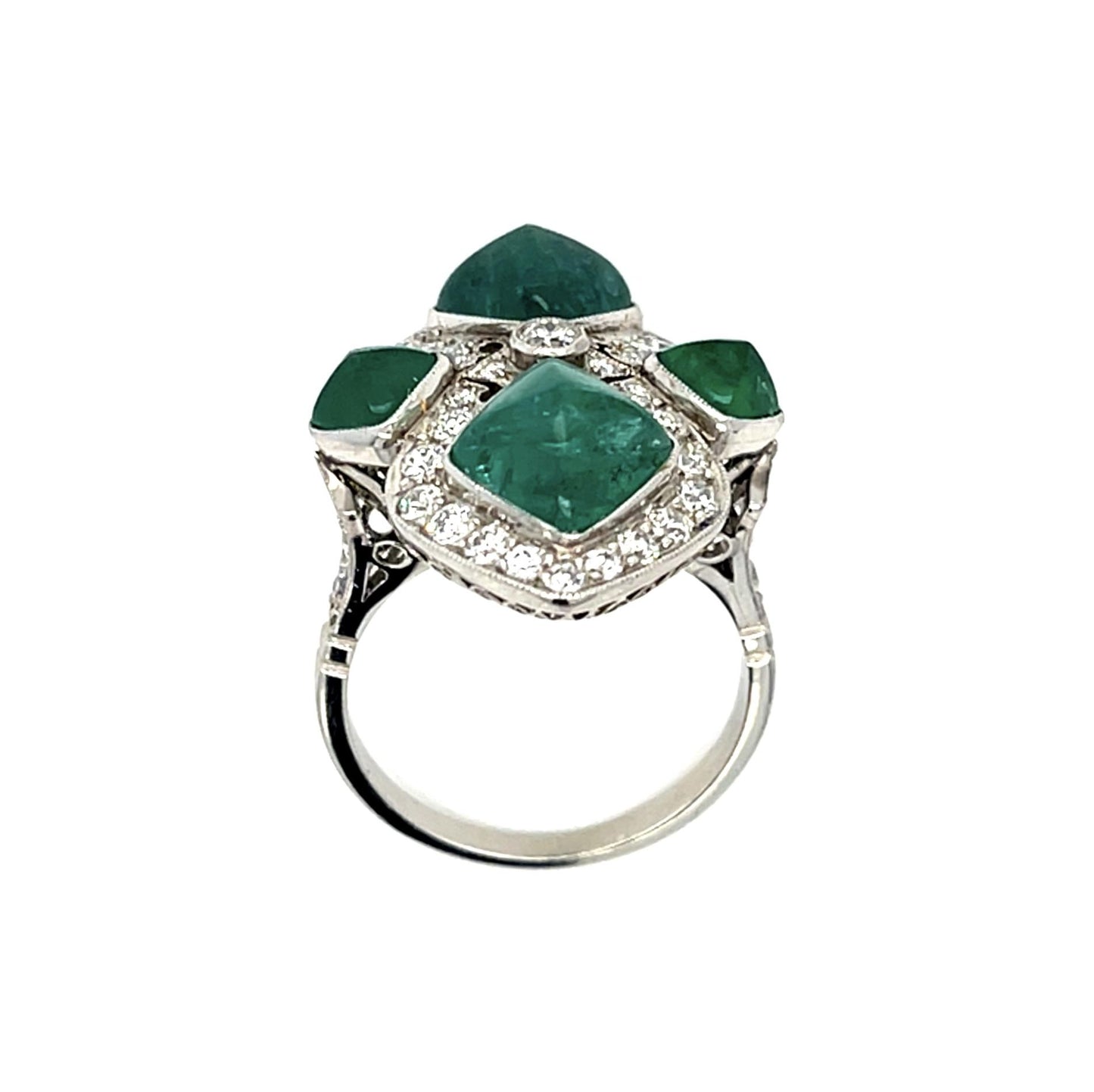 7.80ct Sugarloaf Cabochon Emeralds .91ct Diamonds Platinum Handmade Ring 7 Size