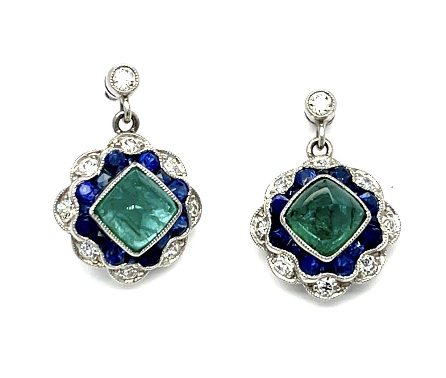 1.94ct Emerald 1.50ct Sapphire .43ct Diamond Platinum Earrings 5.60g .75" Length