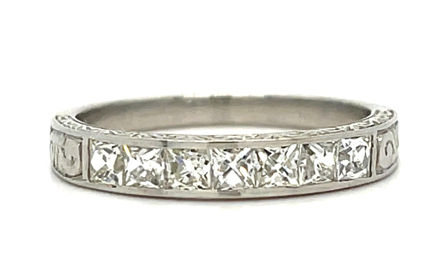 .75ct (7 French Cut Diamonds) Platinum Hand Made & Hand Engraved Ring 4.60g 7.25