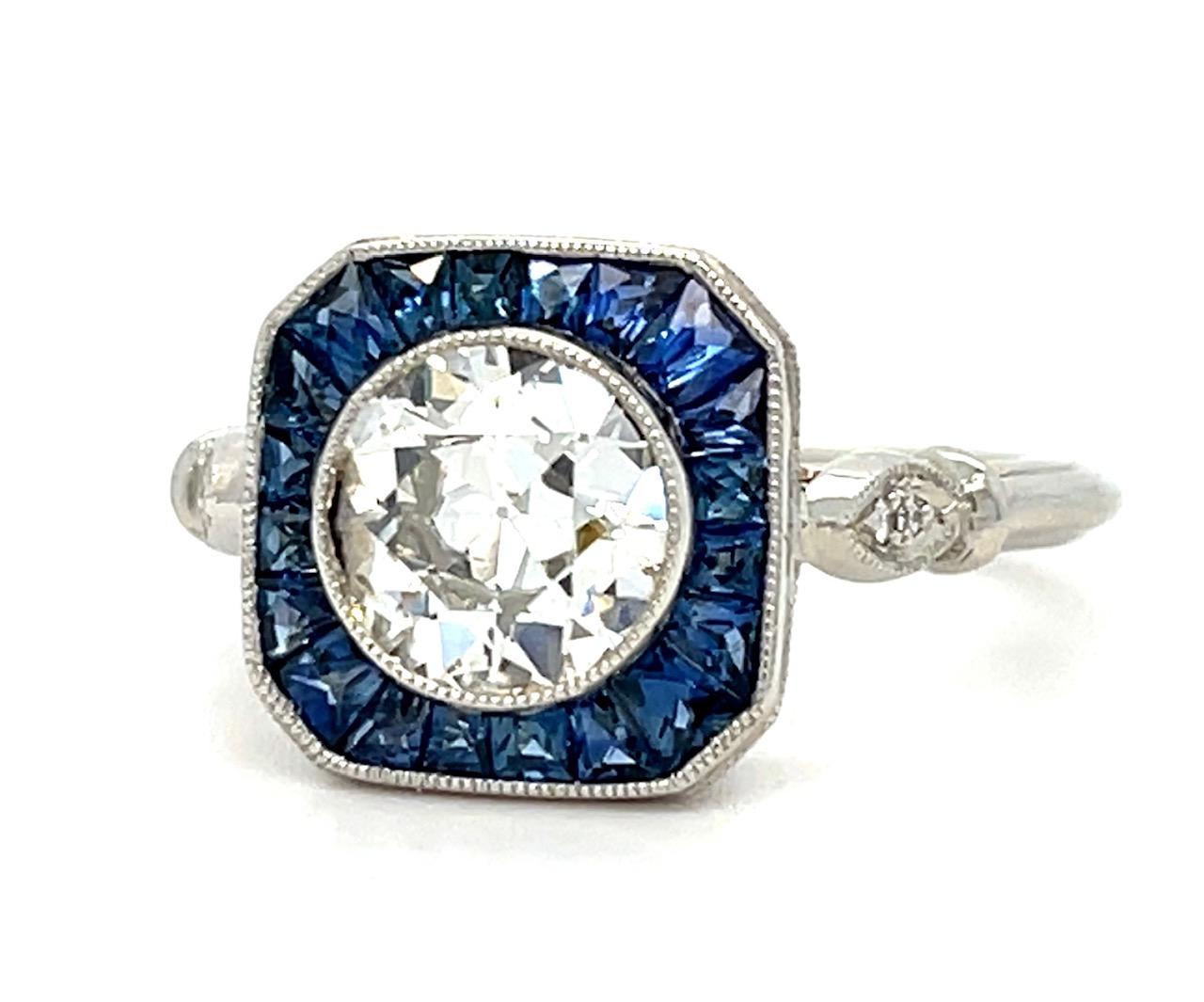 1.20ct Old European Diamond 1.20ct Sapphire Platinum Ring 6g 6.50 Size