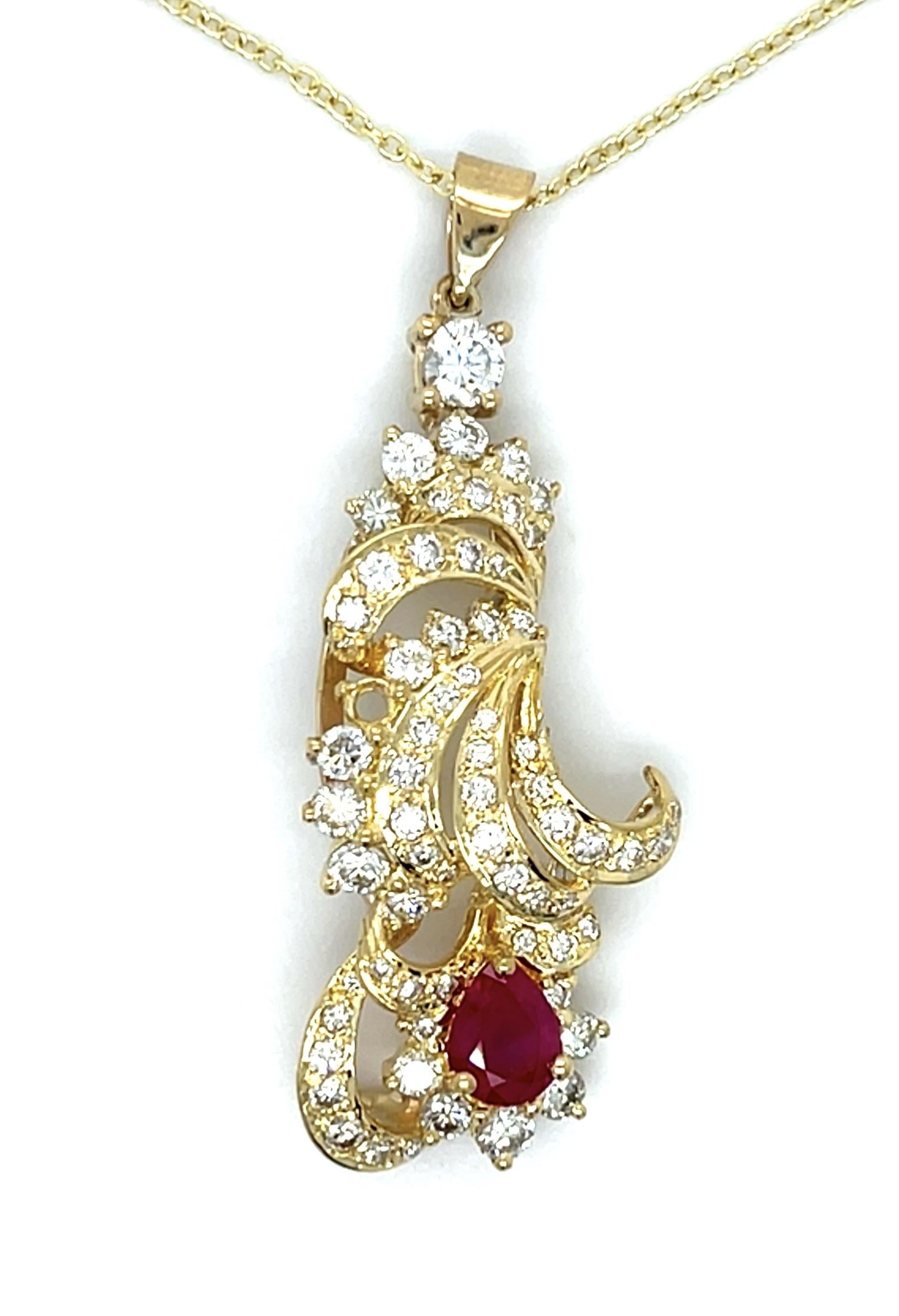1.40ct Burma Heated Ruby .25ct Center Diamond 18KY Estate Pendant 2.25ct SD 2" L