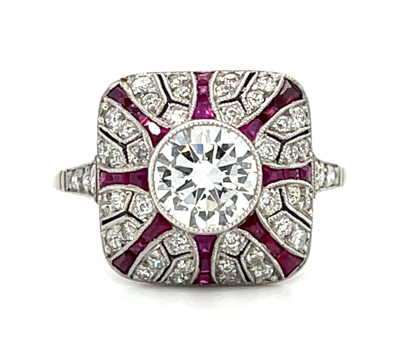 .96ct Round Diamond .58ct Ruby Platinum Handmade Ring .54ct SD 5.50g 6.50 Size