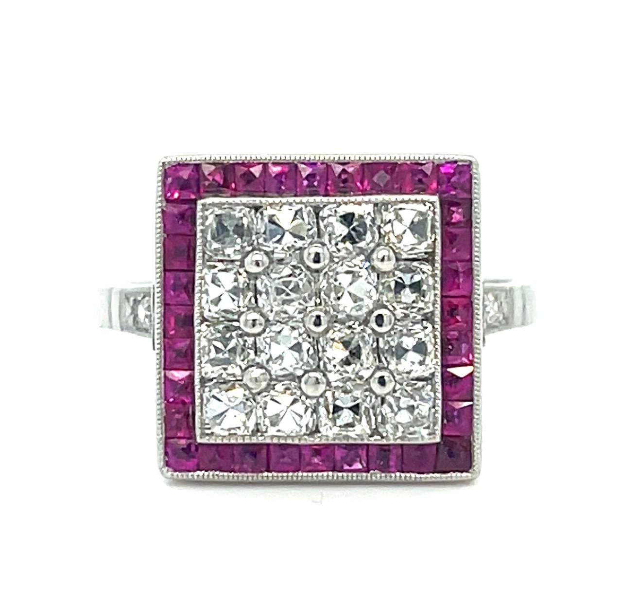 1.90ct French Cut Diamonds 1.40ct Ruby Platinum Handmade Ring 7g 7 Size