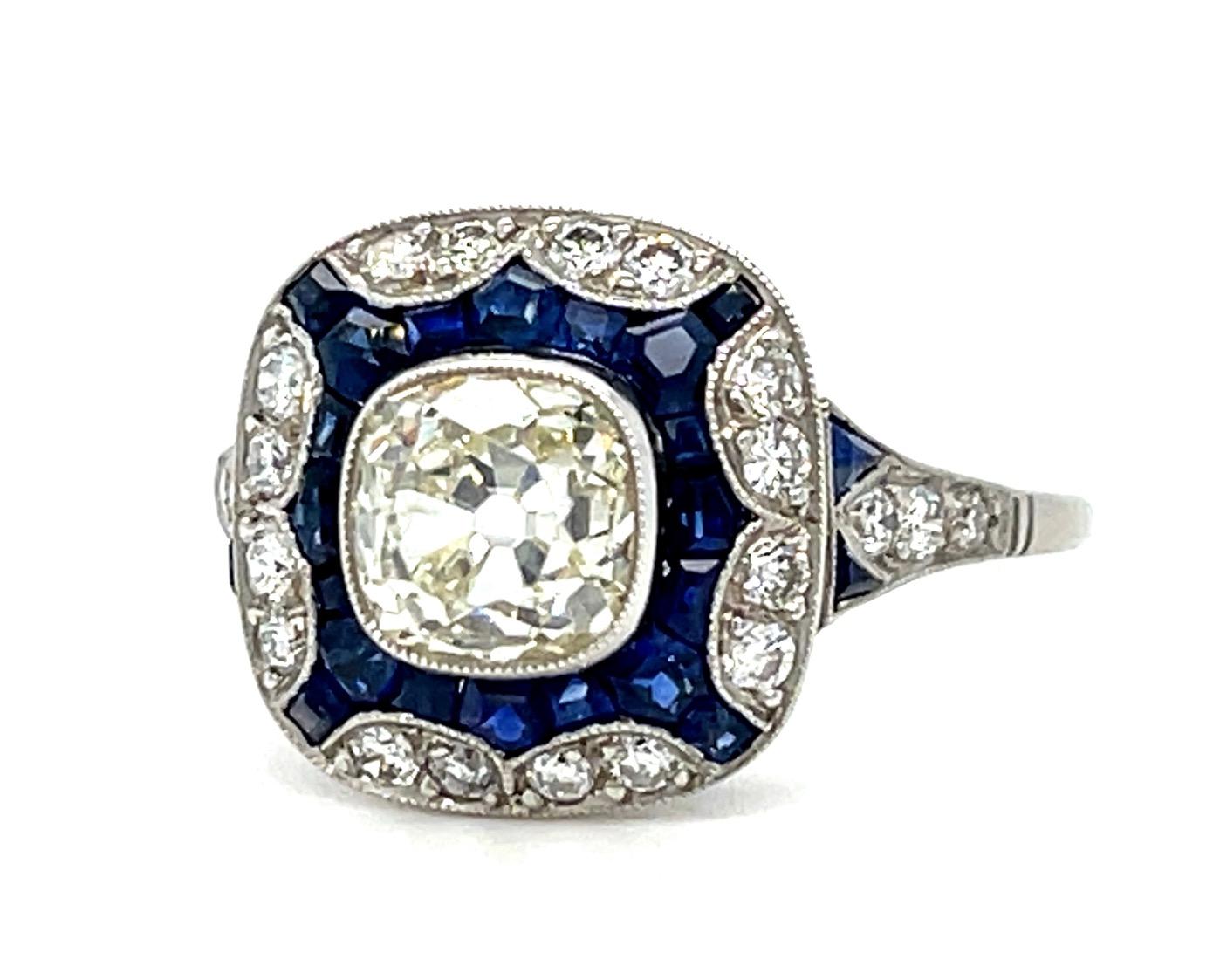 1.56ct Cushion Diamond 1ct Sapphire Platinum Handmade Ring .46ct SD 4.80g 7.50