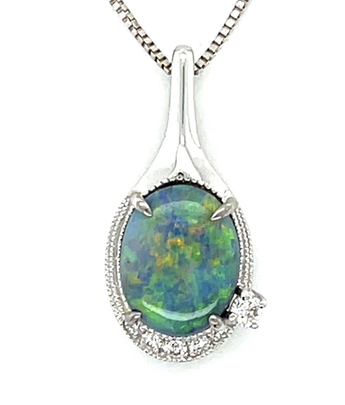 1.60ct Australian Black Opal .11ct Diamond 18KW Pendant 4.10g 18"