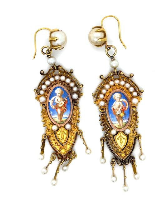 Original French Victorian Hand Painted Angel 21.50KY Pearl Earrings