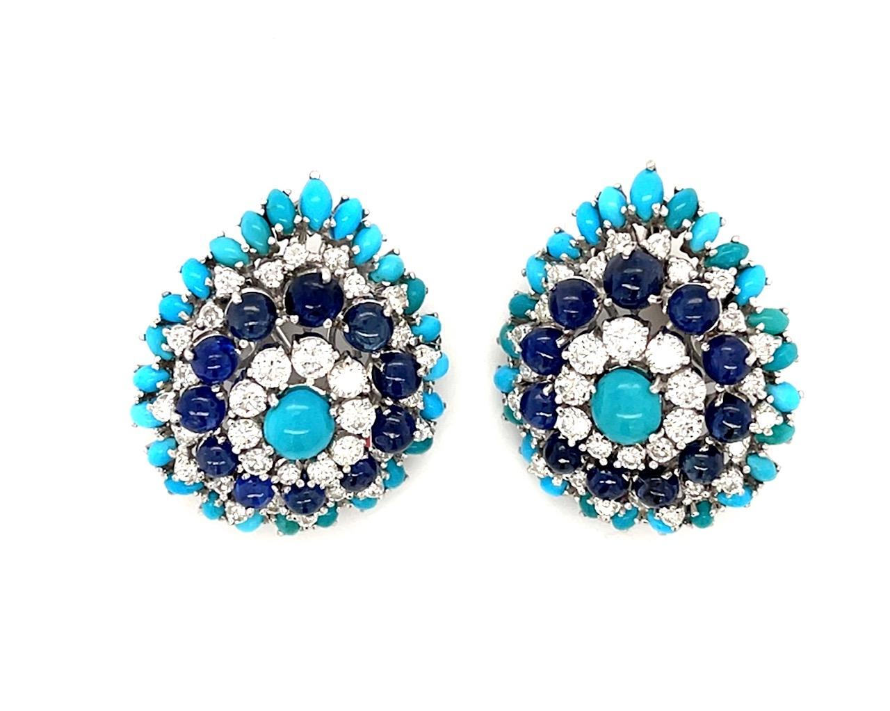 3.20ct Diamond 3.50ct Sapphire 5ct Turquoise Earrings (Vintage 1950s) 25.25g 1 1