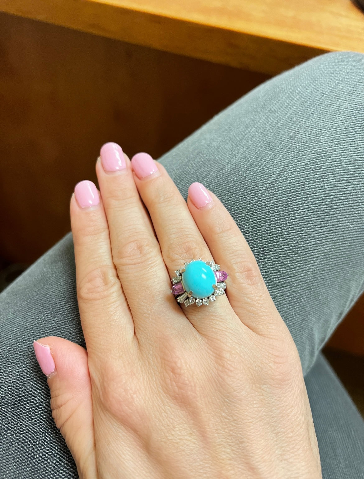 6ct Turquoise 1ctw Pink Sapphire 1ctw Diamond Platinum (Circa 1960s) Ring