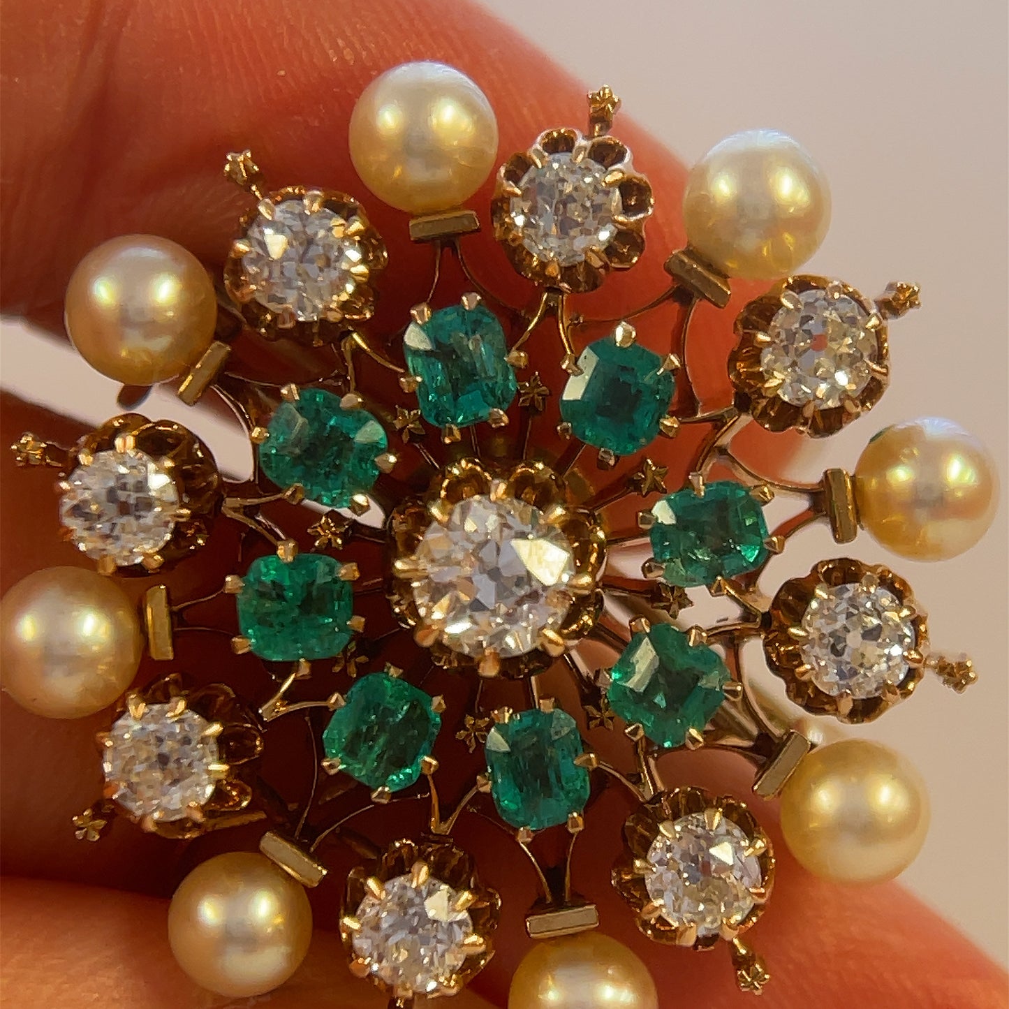 Victorian (Circa 1880s) 1.50ct Old European Cut Diamonds 1ct Emeralds & Natural Pearl 14KY Antique Pendant/Necklace