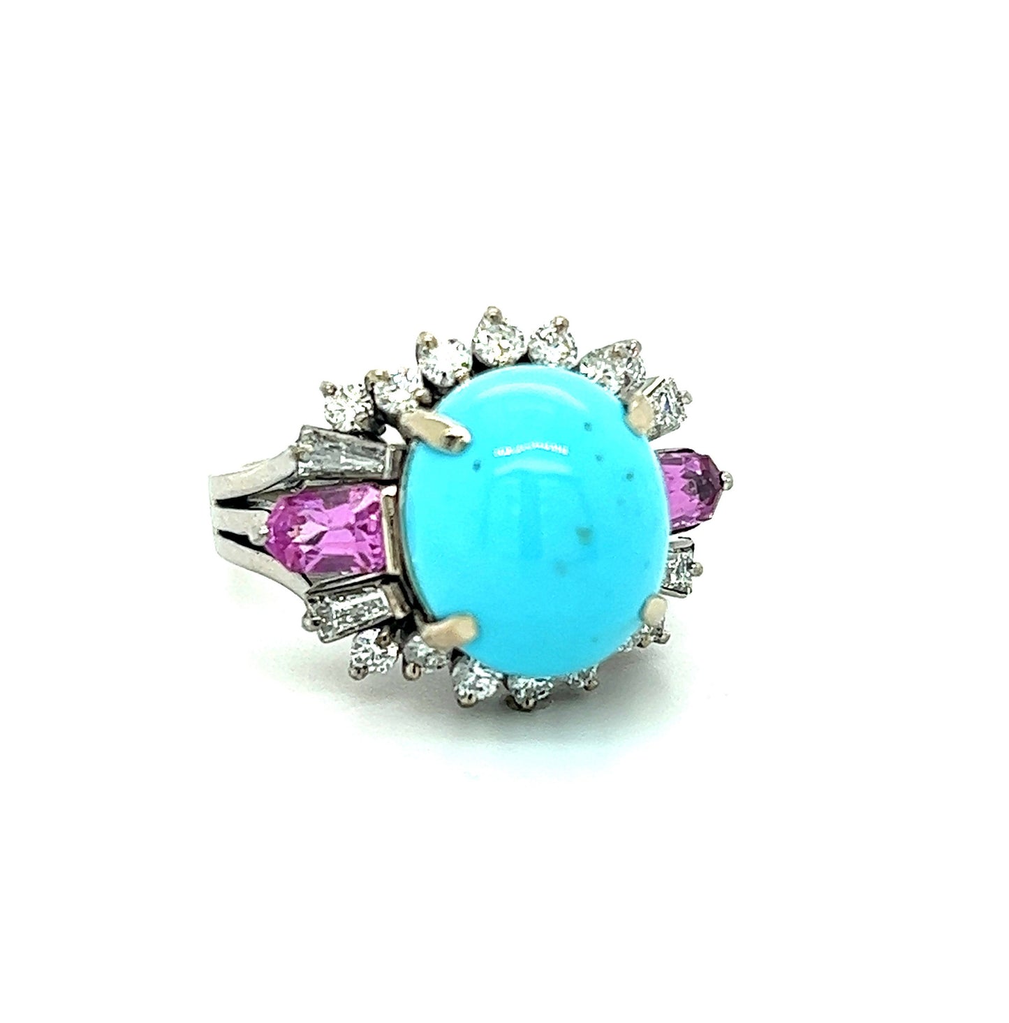 6ct Turquoise 1ctw Pink Sapphire 1ctw Diamond Platinum (Circa 1960s) Ring