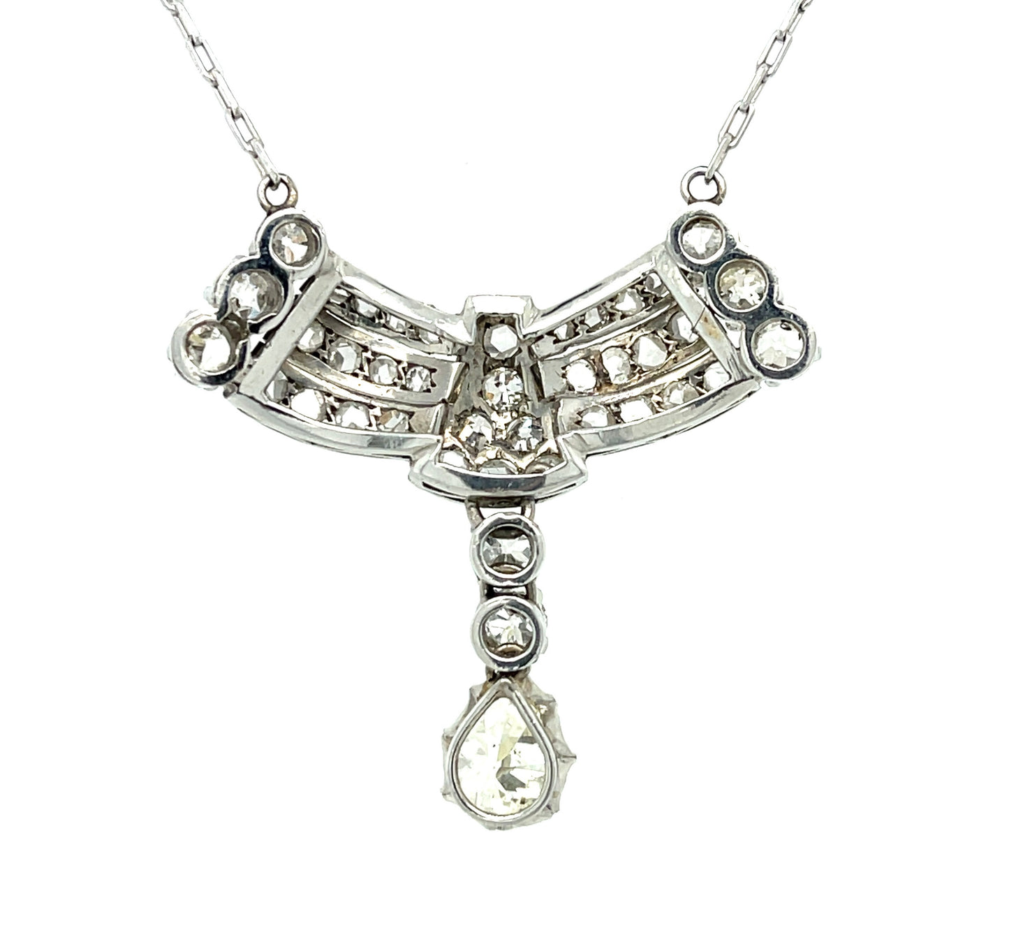 Retro (Circa 1940s) .90ct Pear Shaped Diamond 2.25ct Rose Cut and Old European Cut Diamonds Platinum Vintage Pendant