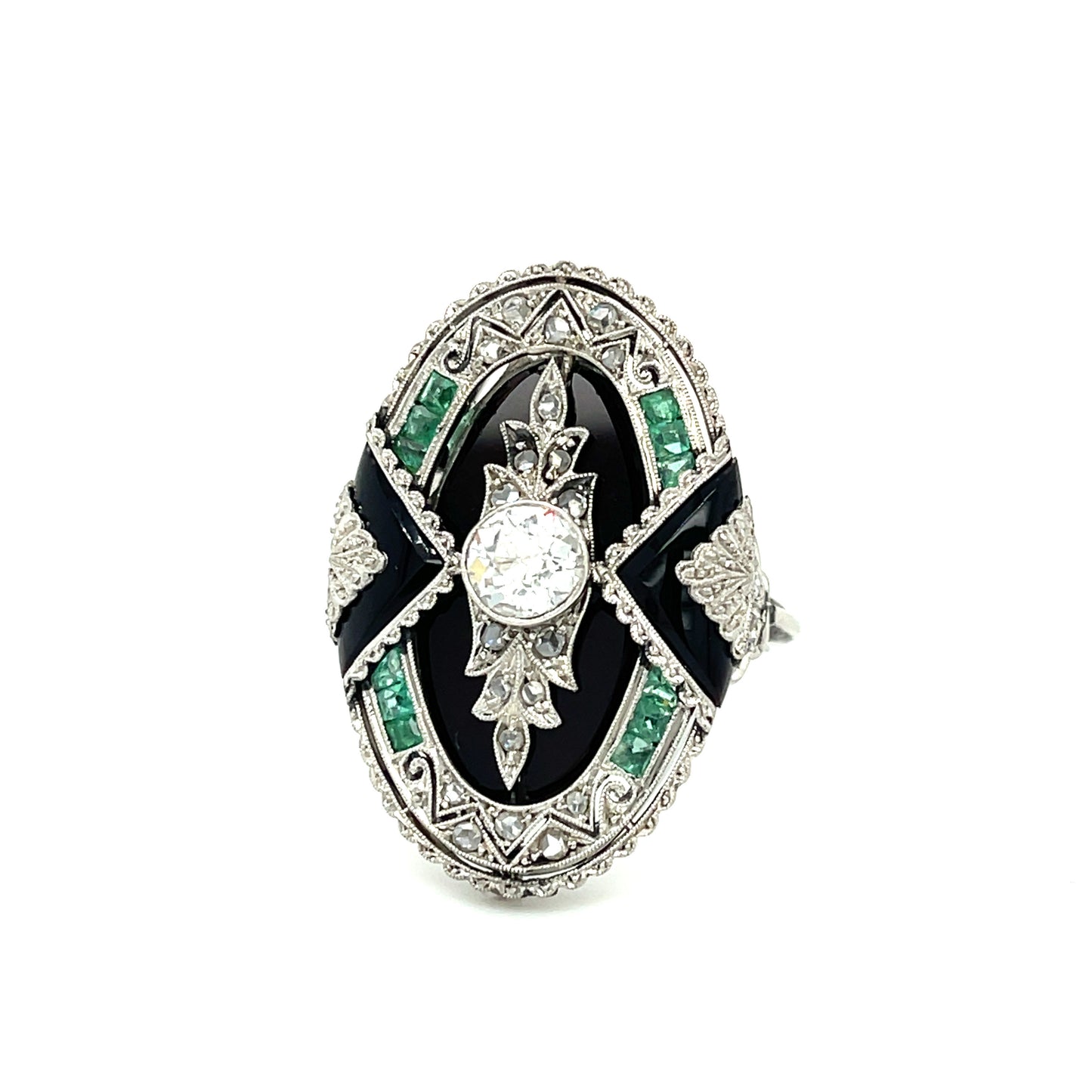 Art Deco (Circa 1920s) .60ct Old European Cut Diamond .75ct Calibre Emerald & Onyx Platinum Antique Ring