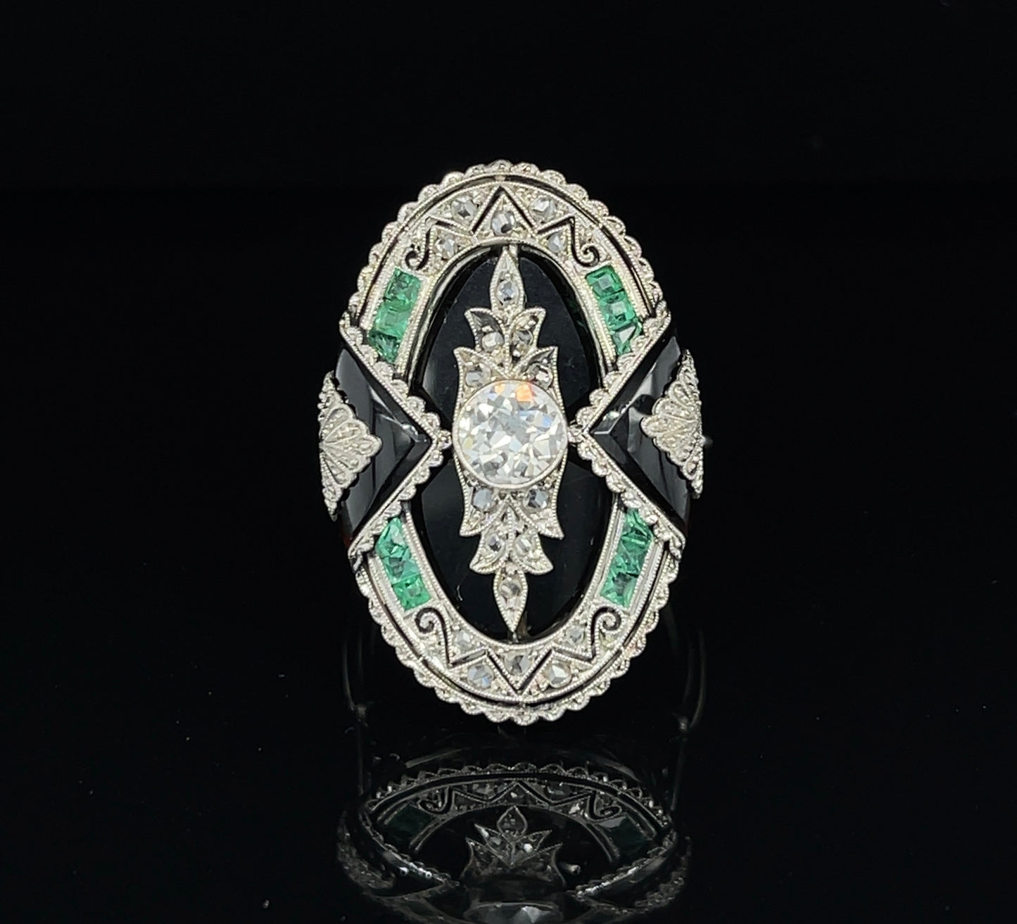Art Deco (Circa 1920s) .60ct Old European Cut Diamond .75ct Calibre Emerald & Onyx Platinum Antique Ring