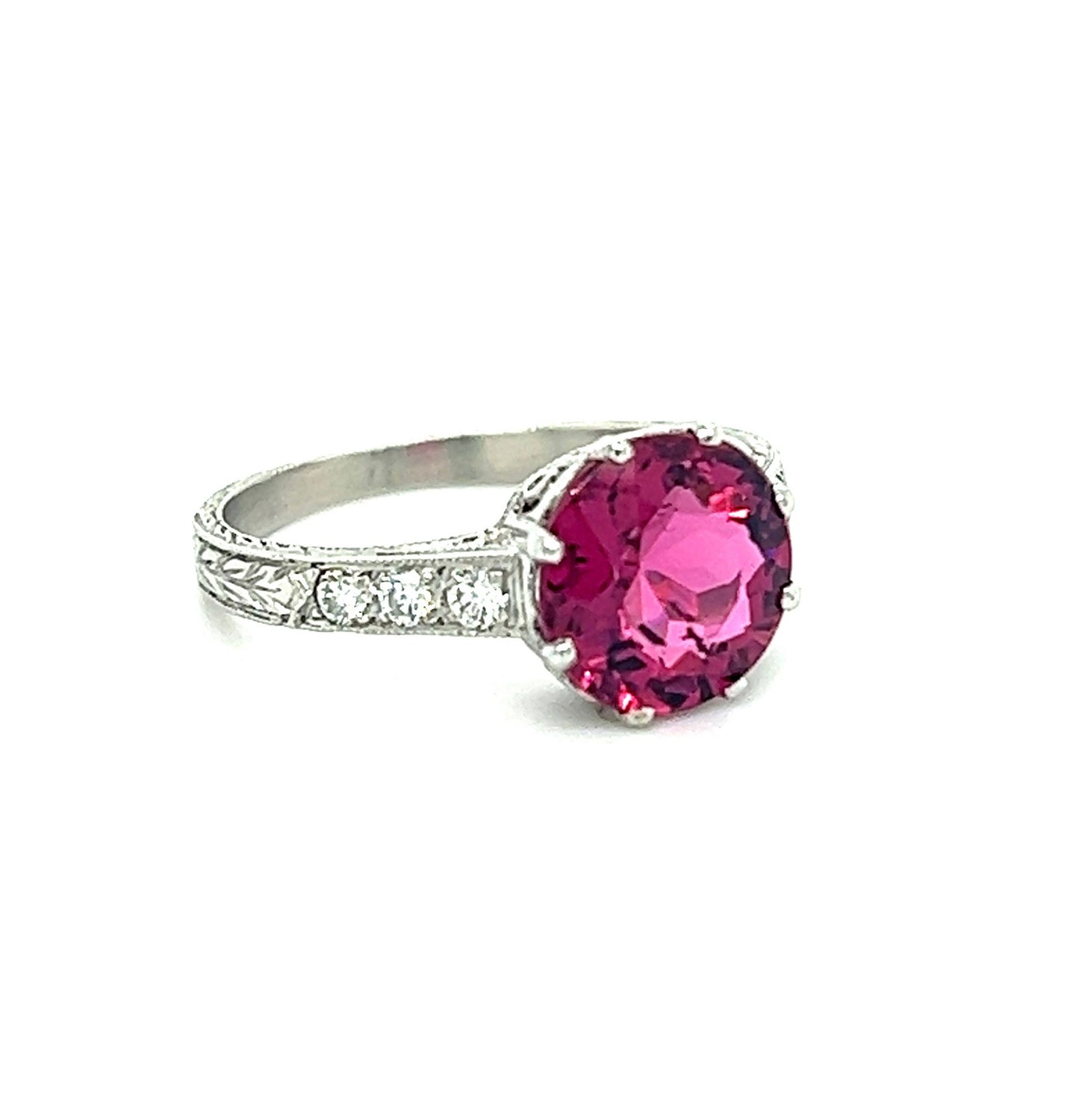 2.5ct Pink Tourmaline & 0.20ctw Diamond Platinum Hand Engraved Ring