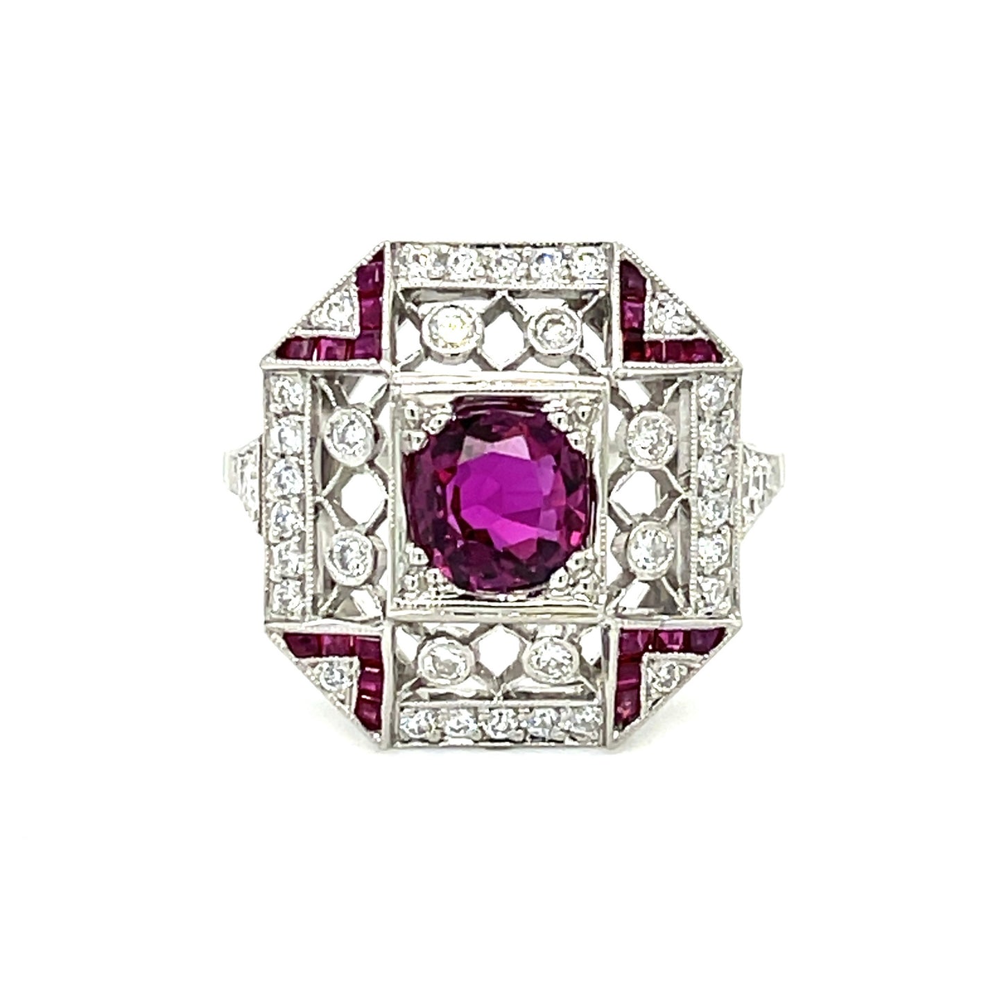 1.23ct Ruby .68ct Diamond .44ct Side Ruby Platinum Ring