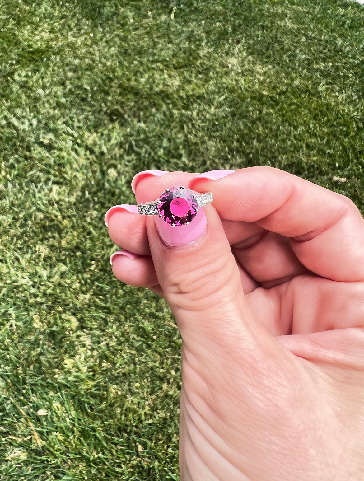 2.5ct Pink Tourmaline & 0.20ctw Diamond Platinum Hand Engraved Ring