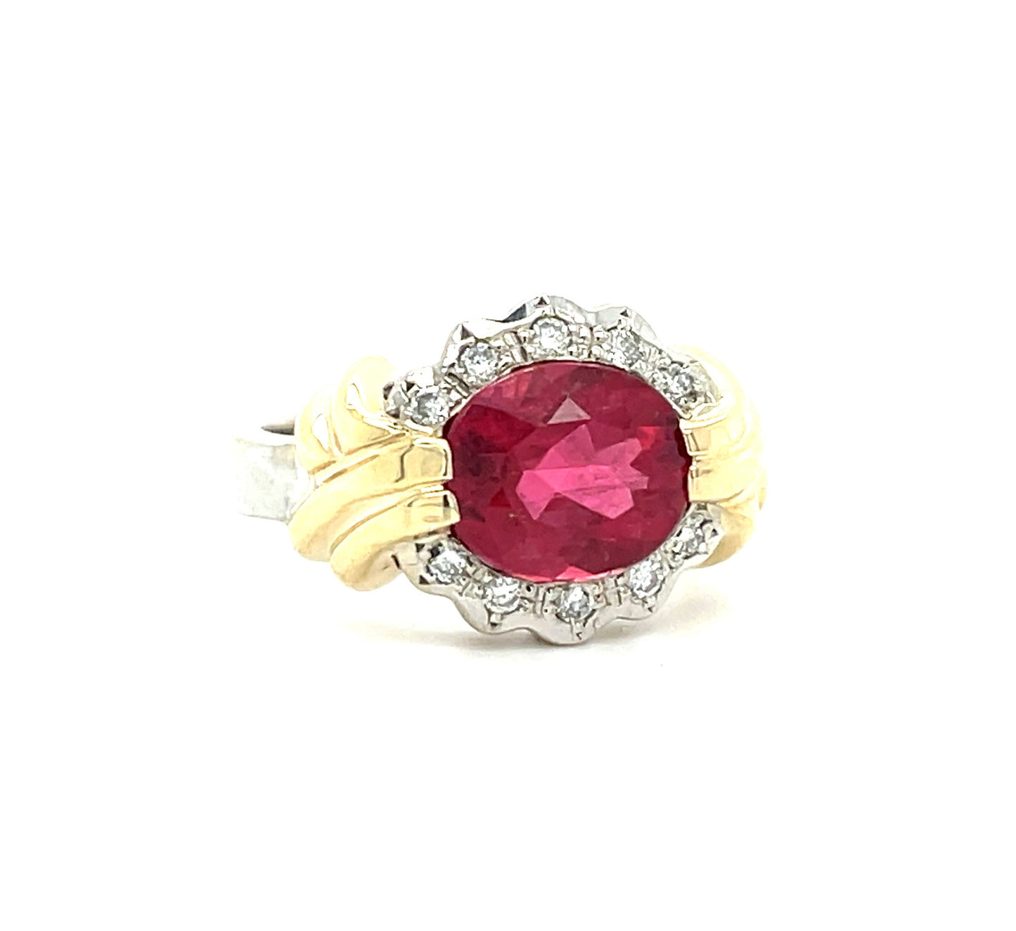 2.38ct Rubellite Tourmaline .30ct Diamonds 18K Two Tone Estate Ring (Circa 1980s)
