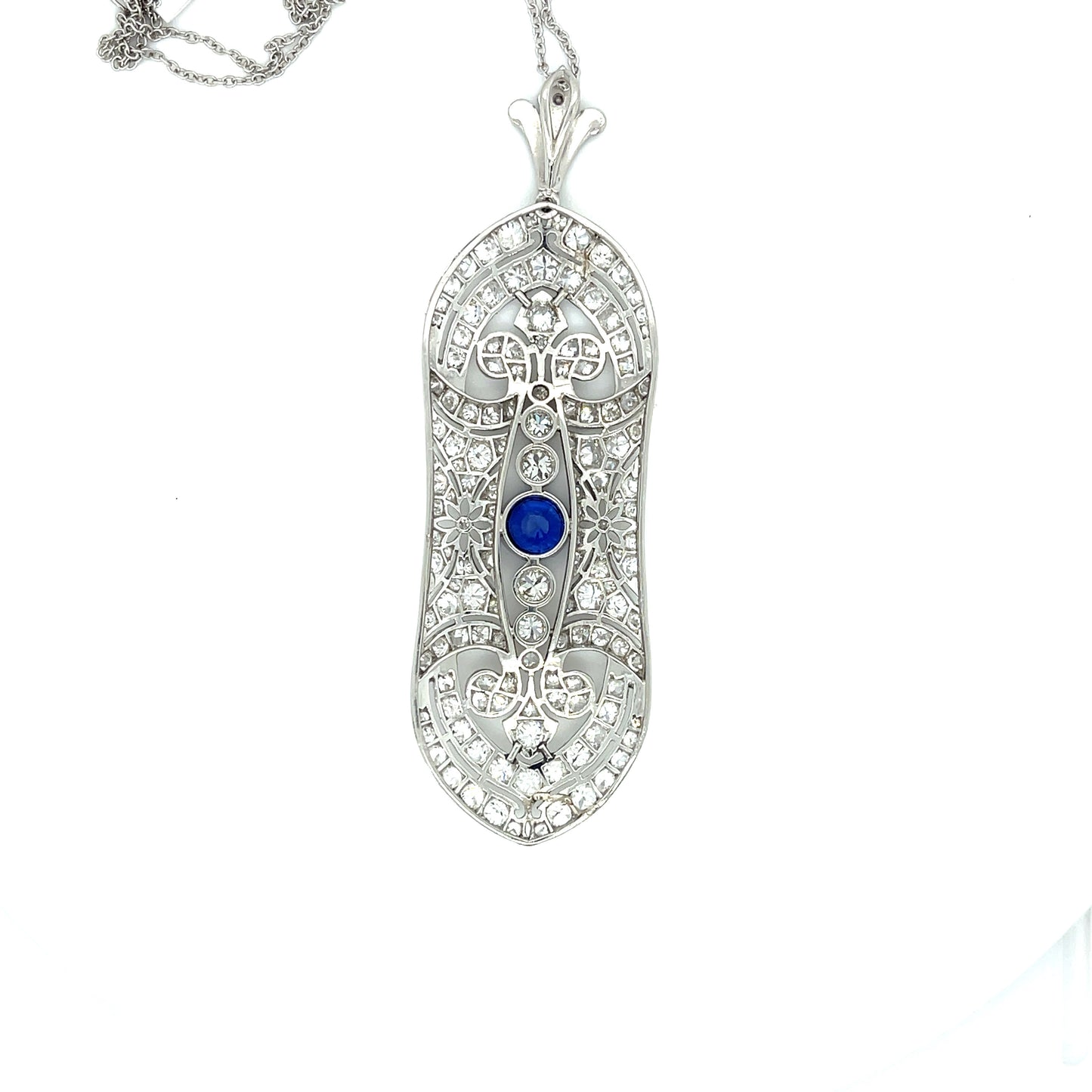 French Art Deco (Circa 1920s) 1.69ct Sapphire 7ct Old European Cut Diamonds Platinum Antique Pendant