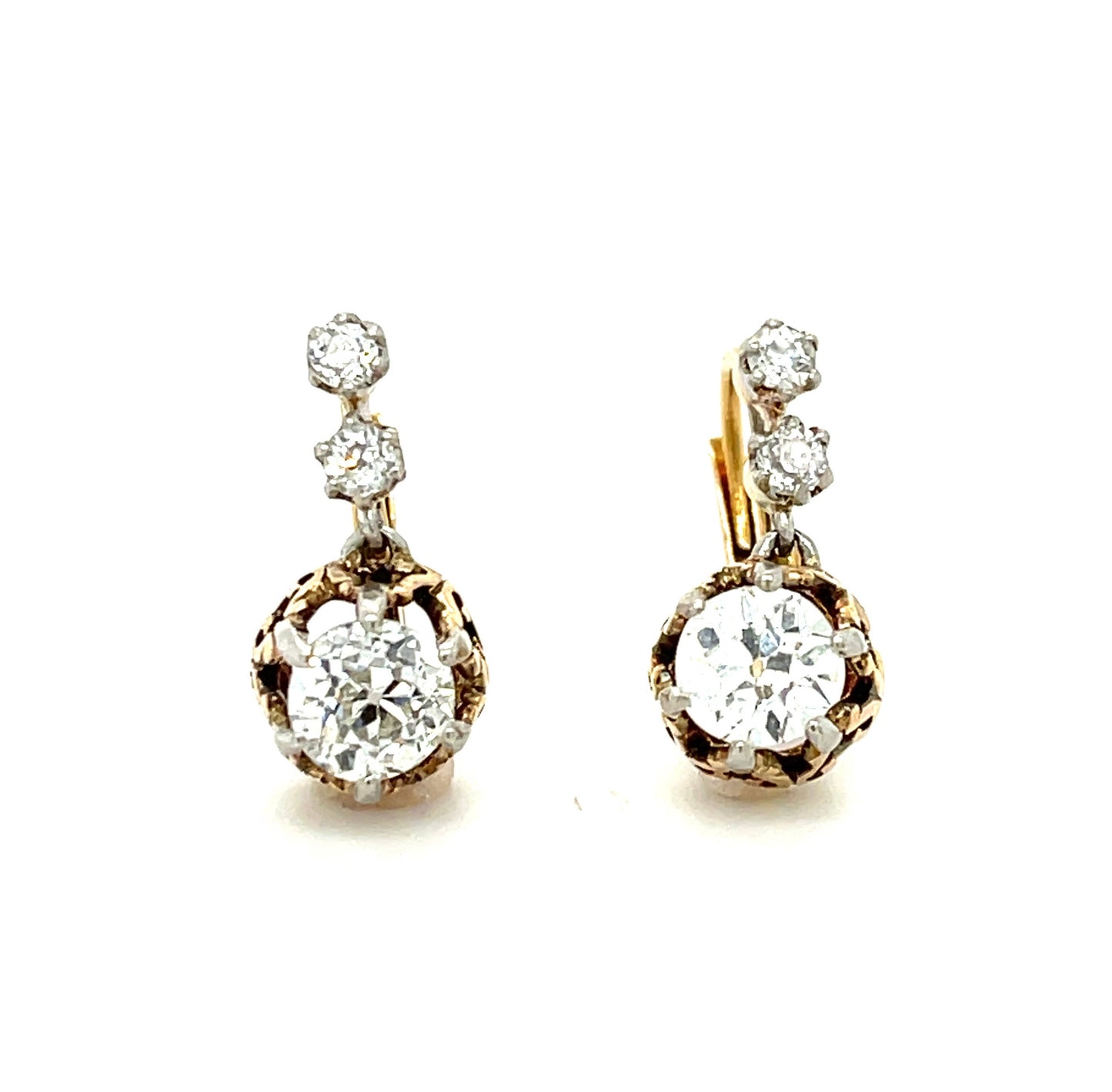 Edwardian (Circa 1900s) 1.40ct Old European Cut Diamonds (Two Stones) .32ct SD (Four Stones) Platinum over 18KY Earrings