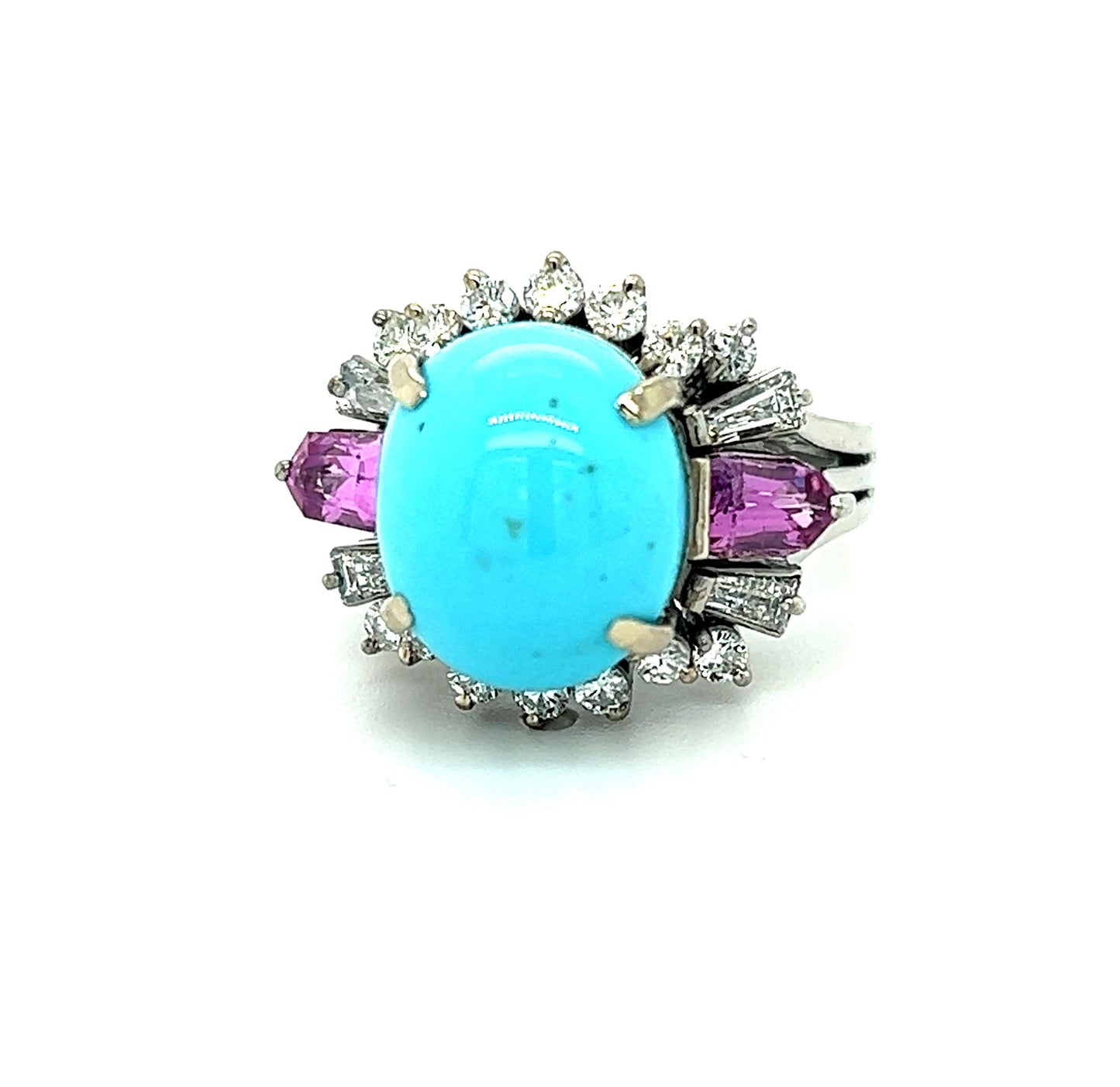 6ct Turquoise 1ctw Pink Sapphire 1ctw Diamond Platinum (Circa 1960s) Ring