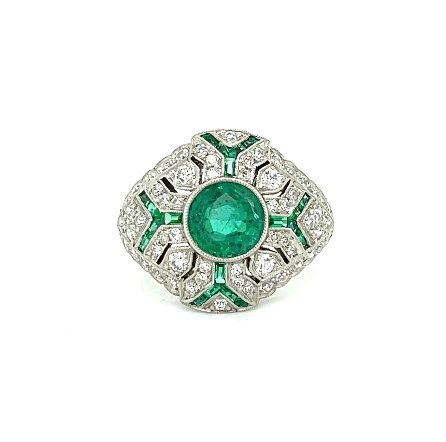 1.14ct Emerald Round .91ct SD .40ct Side Emeralds Platinum Handmade Ring