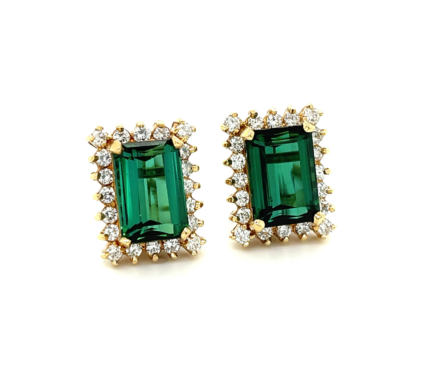 8.50ct Green Tourmaline .90ct Diamond 14KY Vintage Earrings (Circa 1970s)
