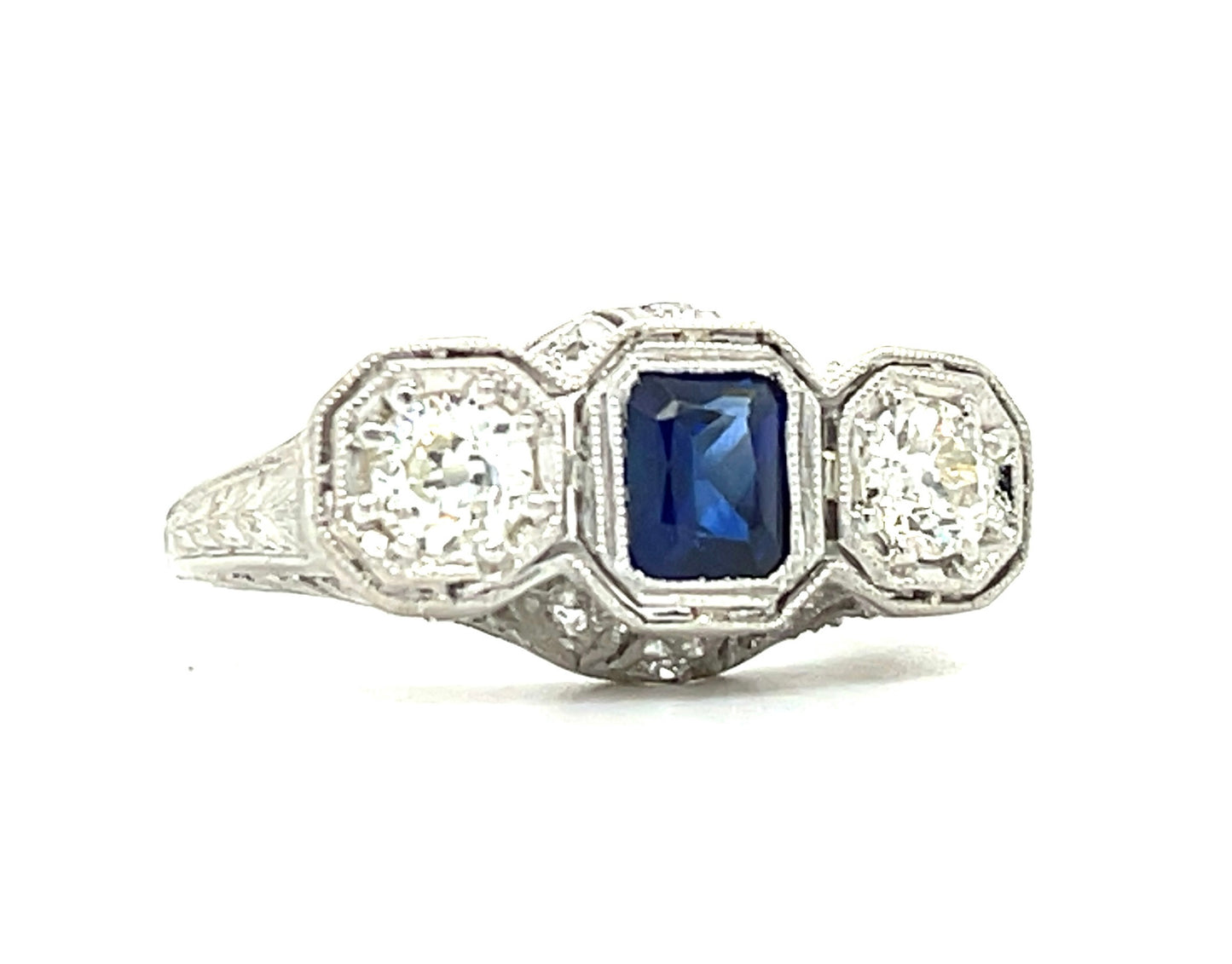 Art Deco (Circa 1920s) .57ct Blue Sapphire .42ct Old European cut Diamonds Platinum Antique Ring