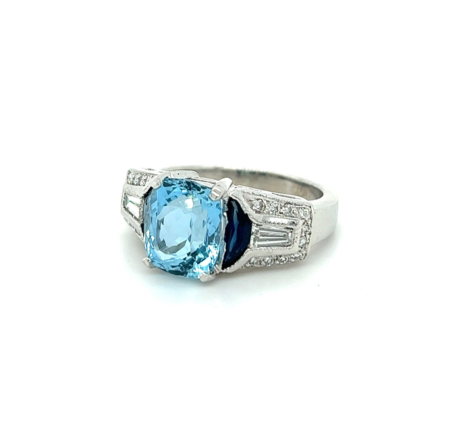 3.15ct Aquamarine, 0.60ctw Sapphire, and 0.44ctw Diamond Platinum Ring