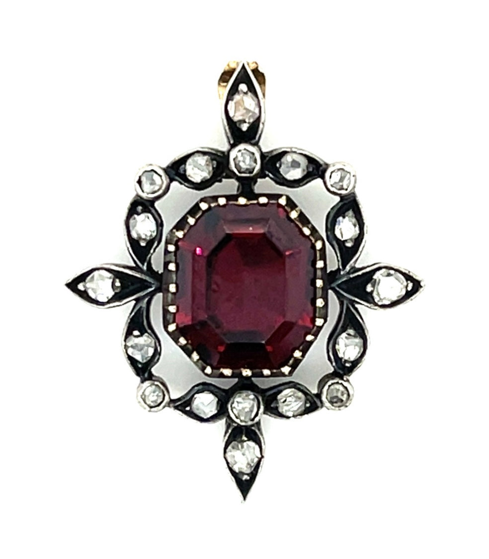 Victorian Era (Circa 1880s) 5ct Garnet .36ct Diamond Silver+10KY Antique Pendant