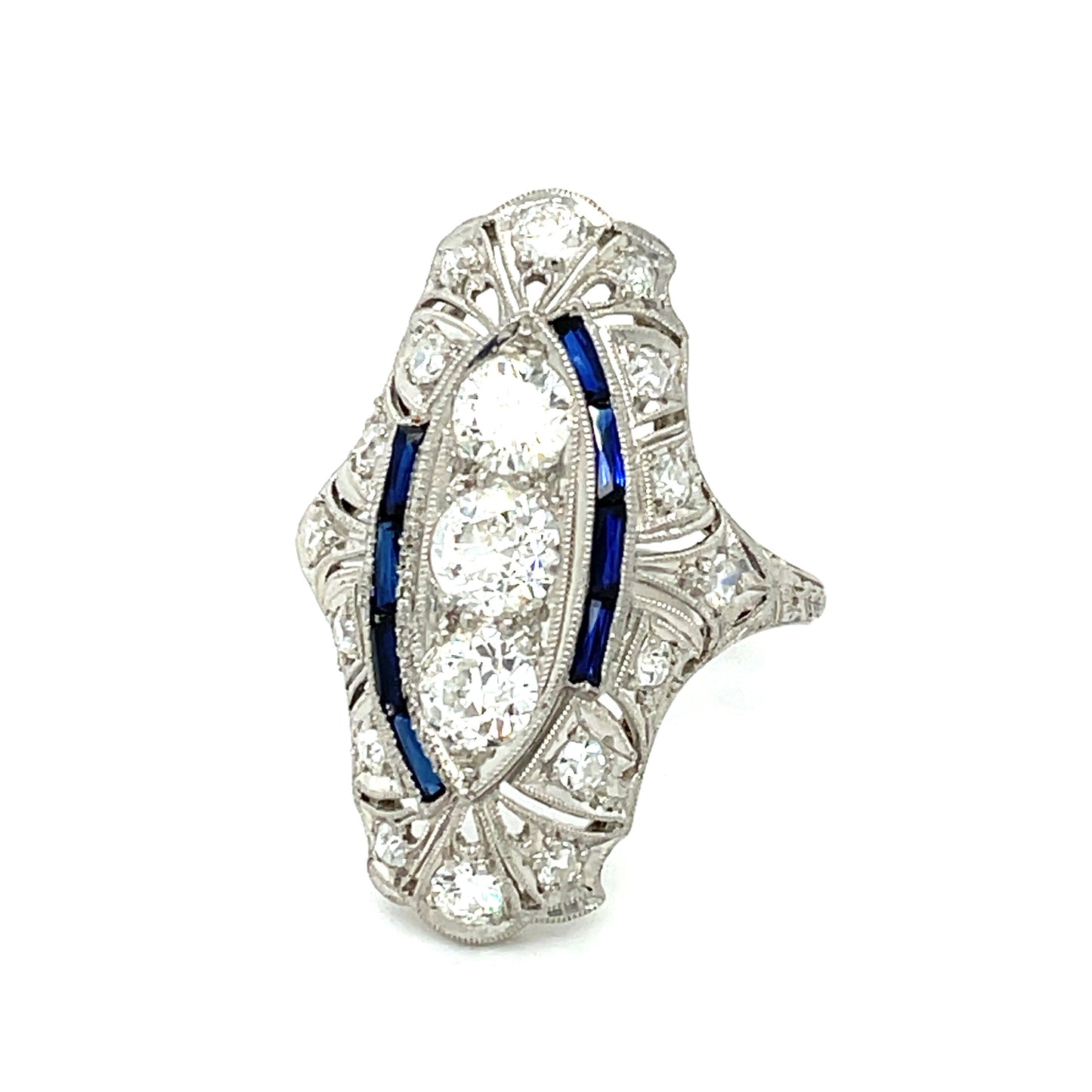 Art Deco (Circa 1920s) 1.25ct Three Old European Cut Center Diamonds 1.10ct SD Platinum Antique Ring