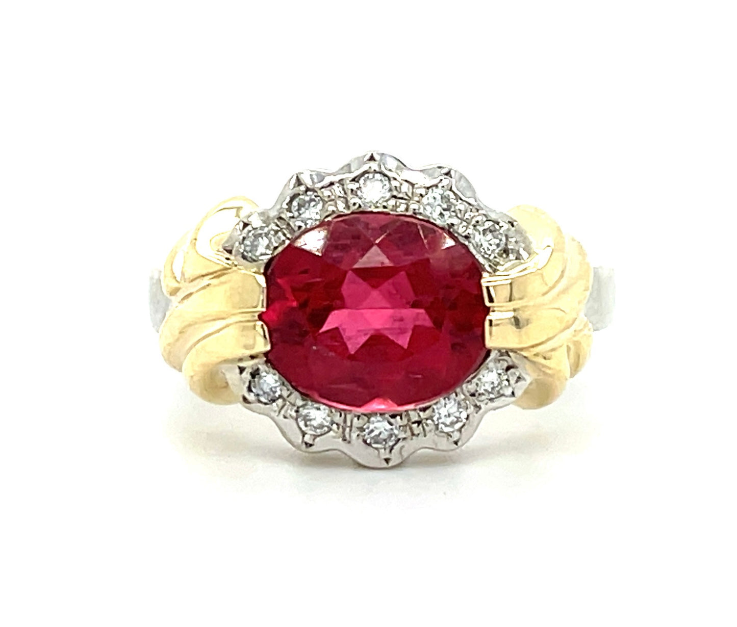 2.38ct Rubellite Tourmaline .30ct Diamonds 18K Two Tone Estate Ring (Circa 1980s)