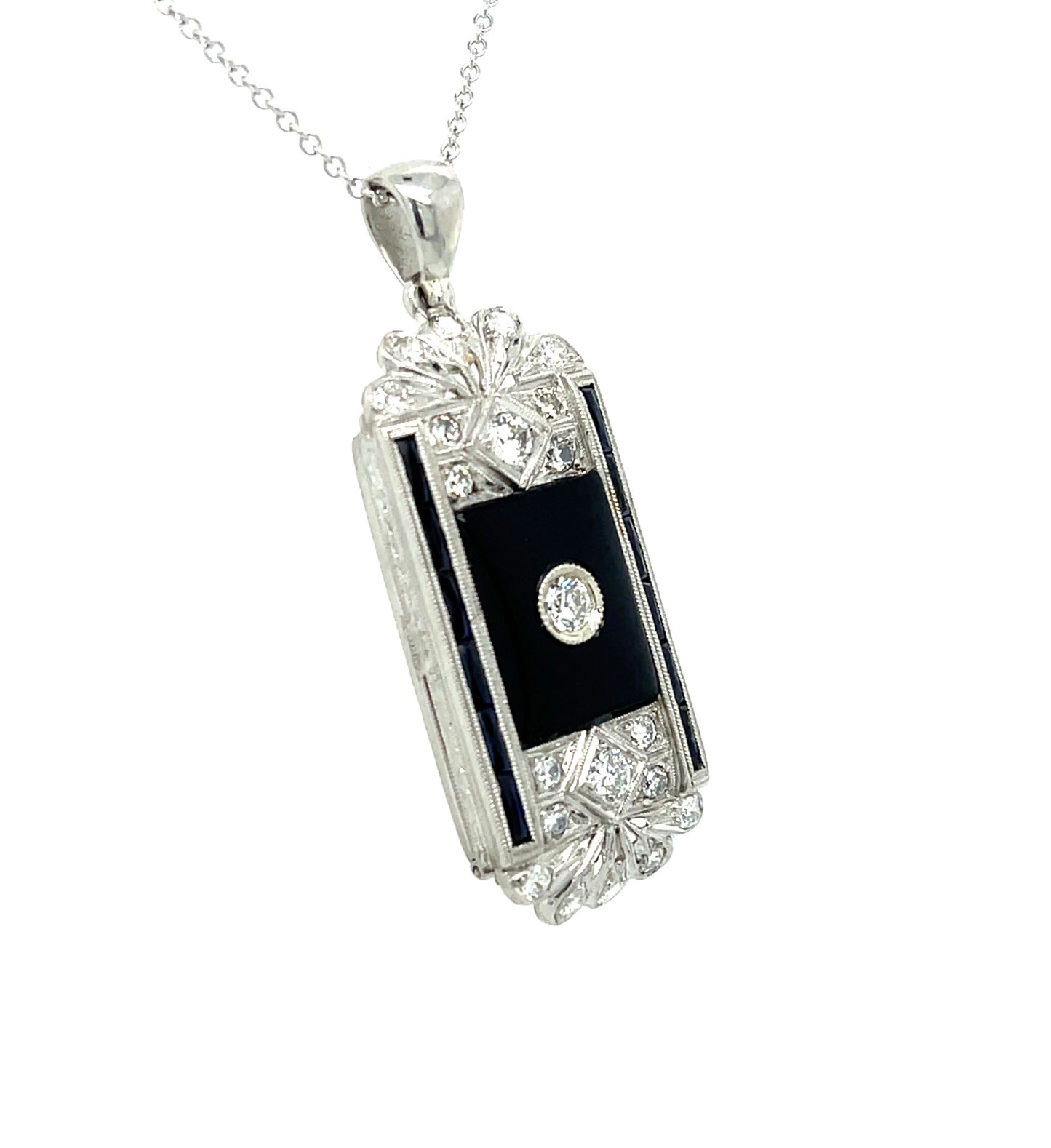 Art Deco (Circa 1920s) .14ct Old Euro Diamond, Onyx and .64ct SD Platinum Antique Pendant